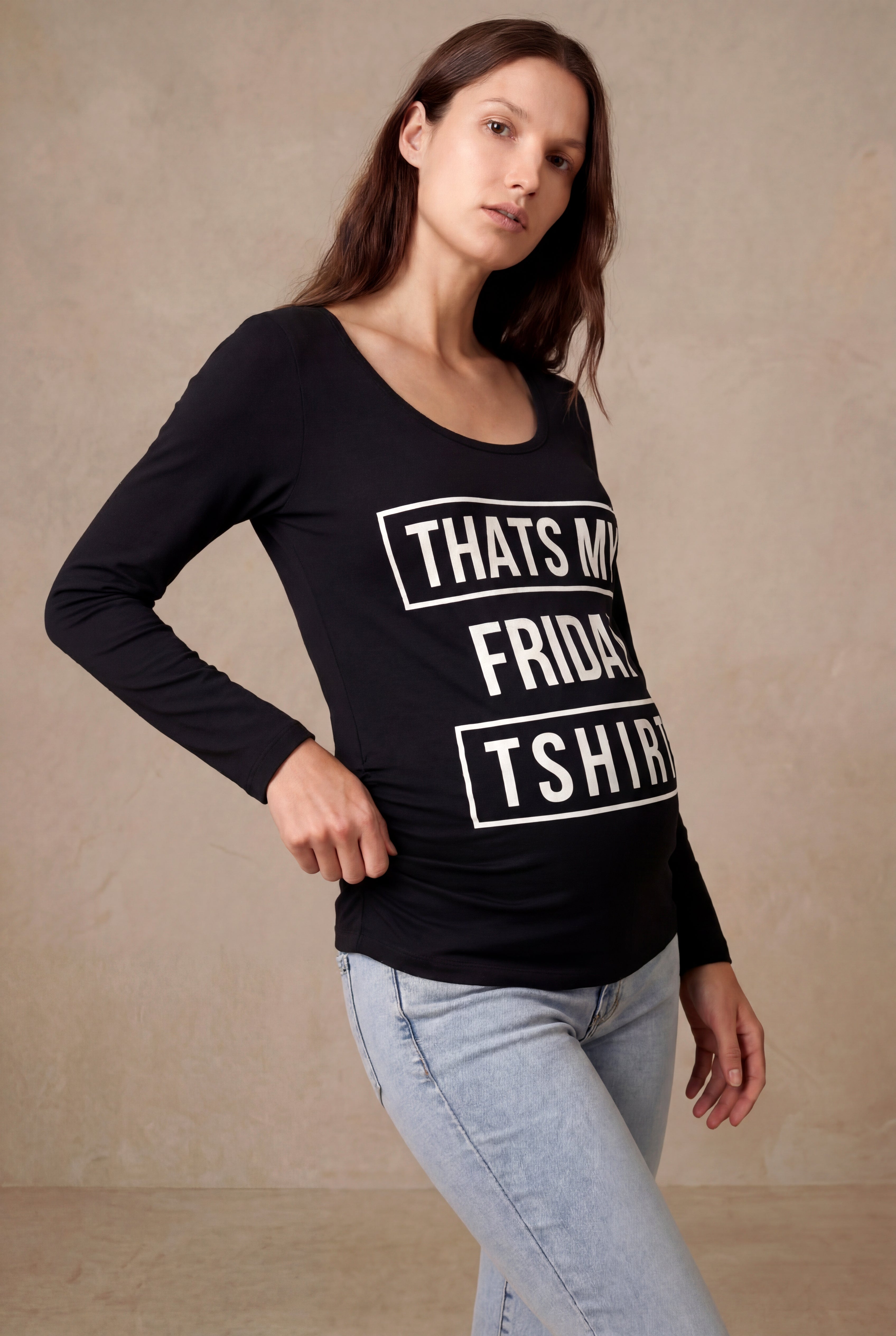 Hamile Siyah Pamuklu Bisiklet Yaka Uzun Kollu Baskılı T-Shirt ILA