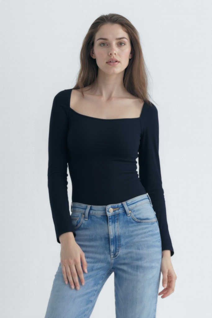 Lacivert Kare Yaka Uzun Kollu Kadın Crop Body CECILIA CROP TOP - Blouse - Westmark London EU(TR) Store Organik Pamuklu Sürdürülebilir Moda