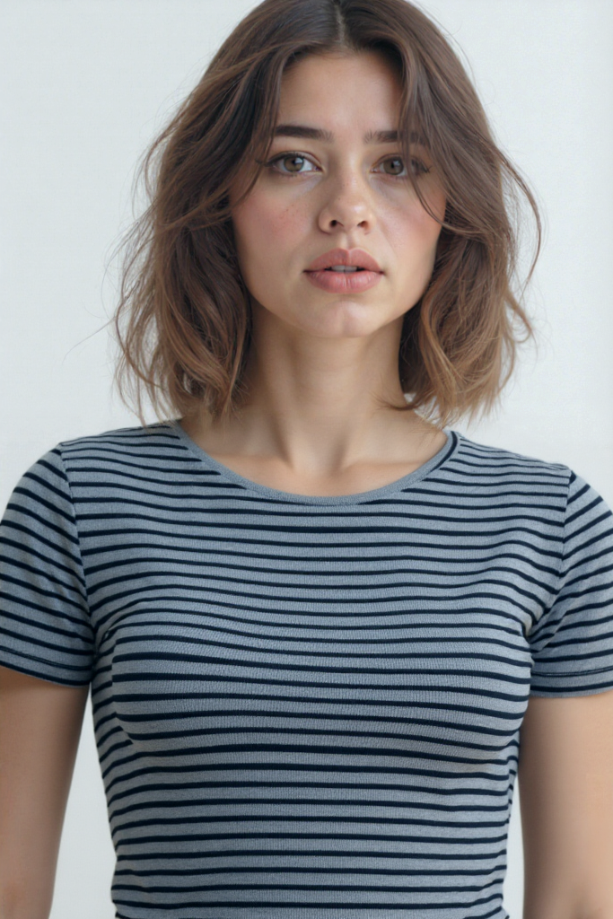 Siyah Gri Çizgili Bisiklet Yaka Kısa Kollu Kadın Crop T-Shirt SANDY S/S TOP