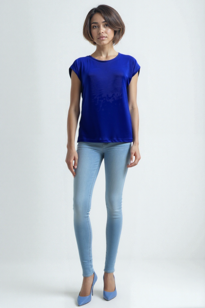 Koyu Mavi Bisiklet Yaka Pamuklu Kadın Kısa Kollu T-Shirt BETTY O-NECK TOP