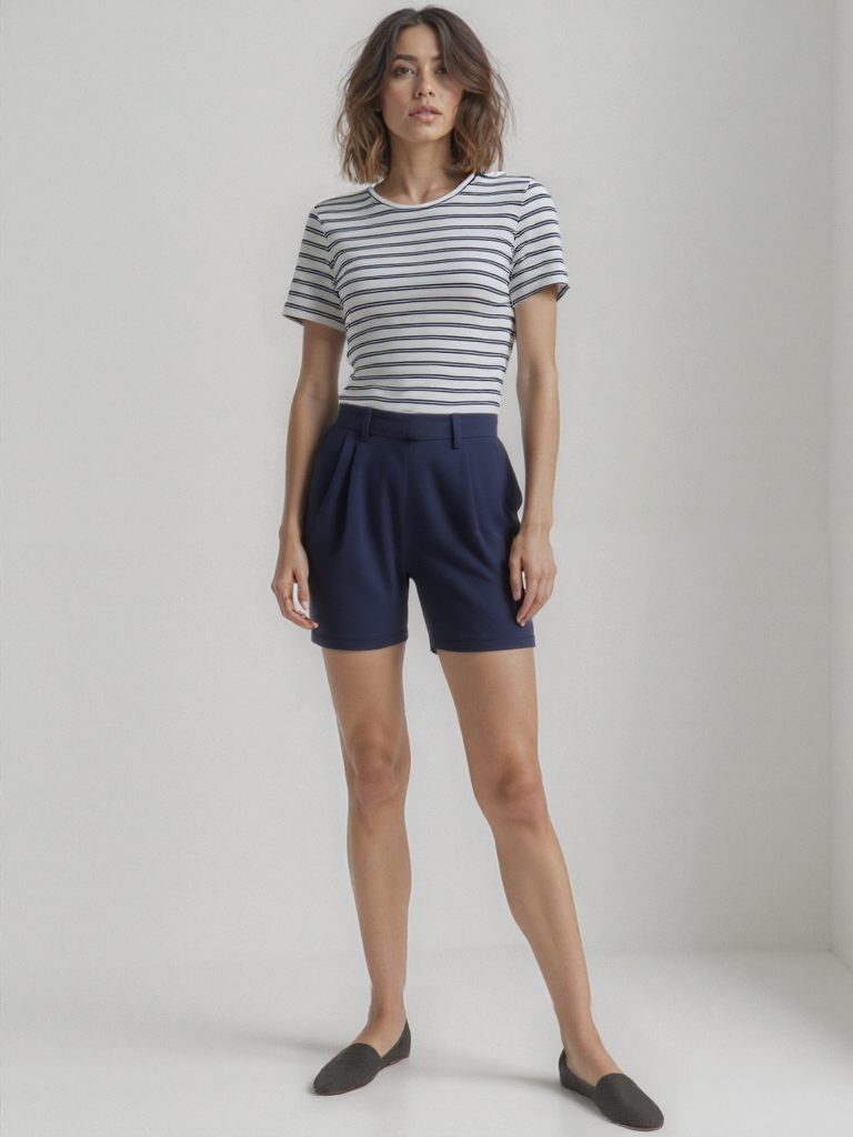 Ekru Mavi Çizgili Bisiklet Yaka Kısa Kollu Kadın Crop T-Shirt SANDY S/S TOP