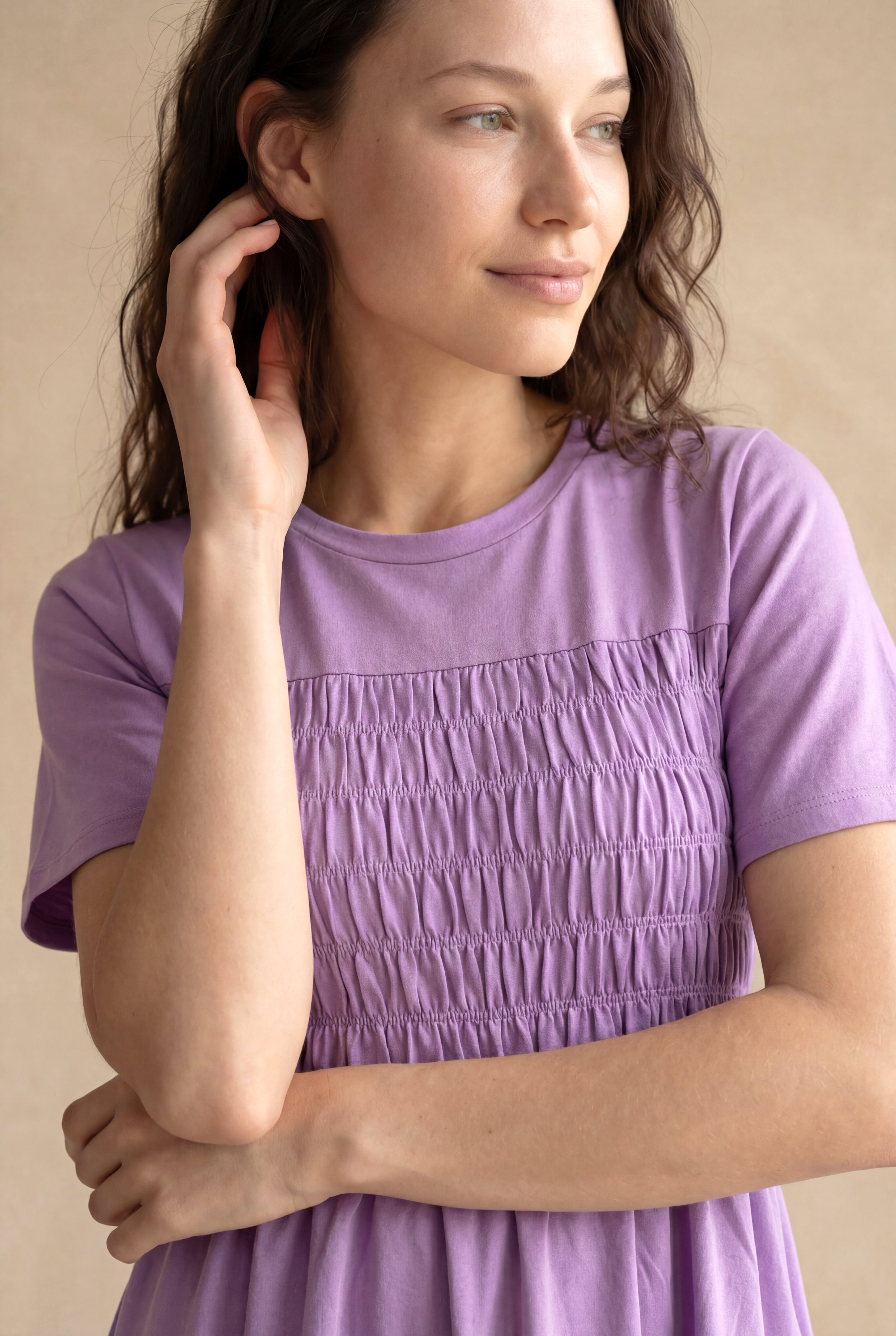 Kadın Regular Fit Bisiklet Yaka Pamuk / Elastan Kısa Kol Lilac  Elbise CLAUDIA