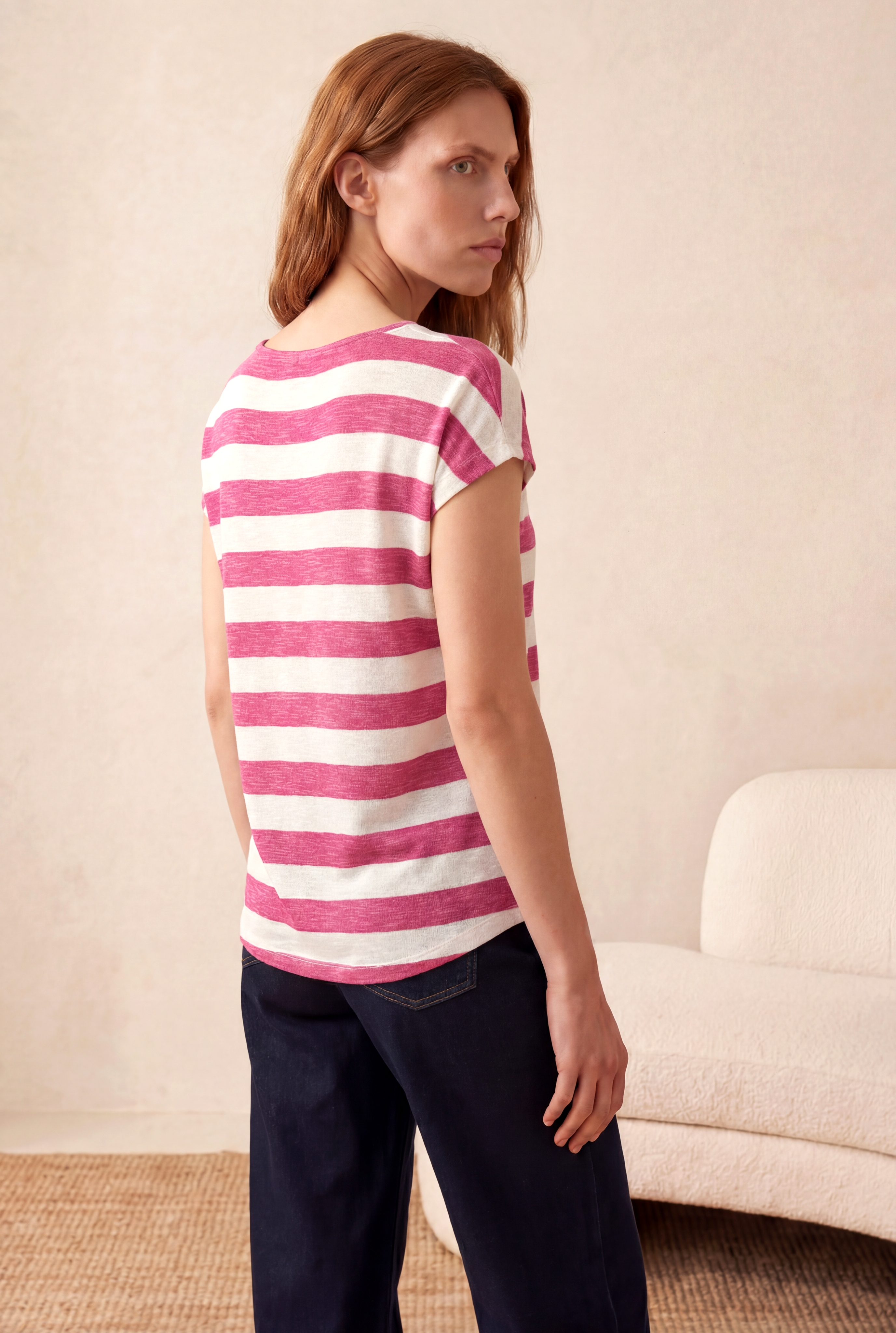 Kadın Regular Fit Bisiklet Yaka Kısa Kol Ekru / Mor Çizgili Viskon / Elastan T-Shirt WILDA - Top - Westmark London EU(TR) Store Organik Pamuklu Sürdürülebilir Moda