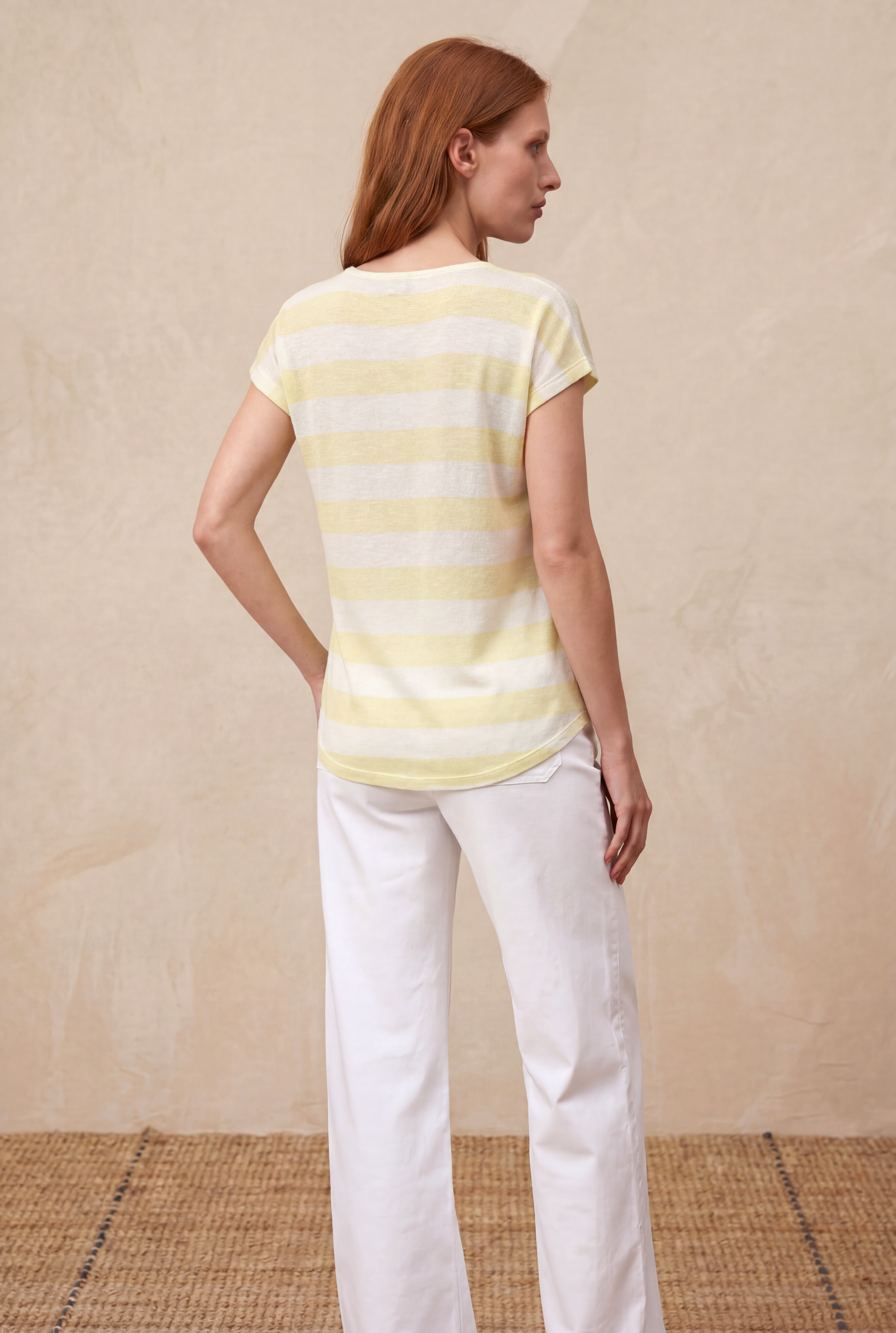 Kadın Regular Fit Bisiklet Yaka Kısa Kol Ekru / Sarı Çizgili Viskon / Elastan T-Shirt WILDA - Top - Westmark London EU(TR) Store Organik Pamuklu Sürdürülebilir Moda