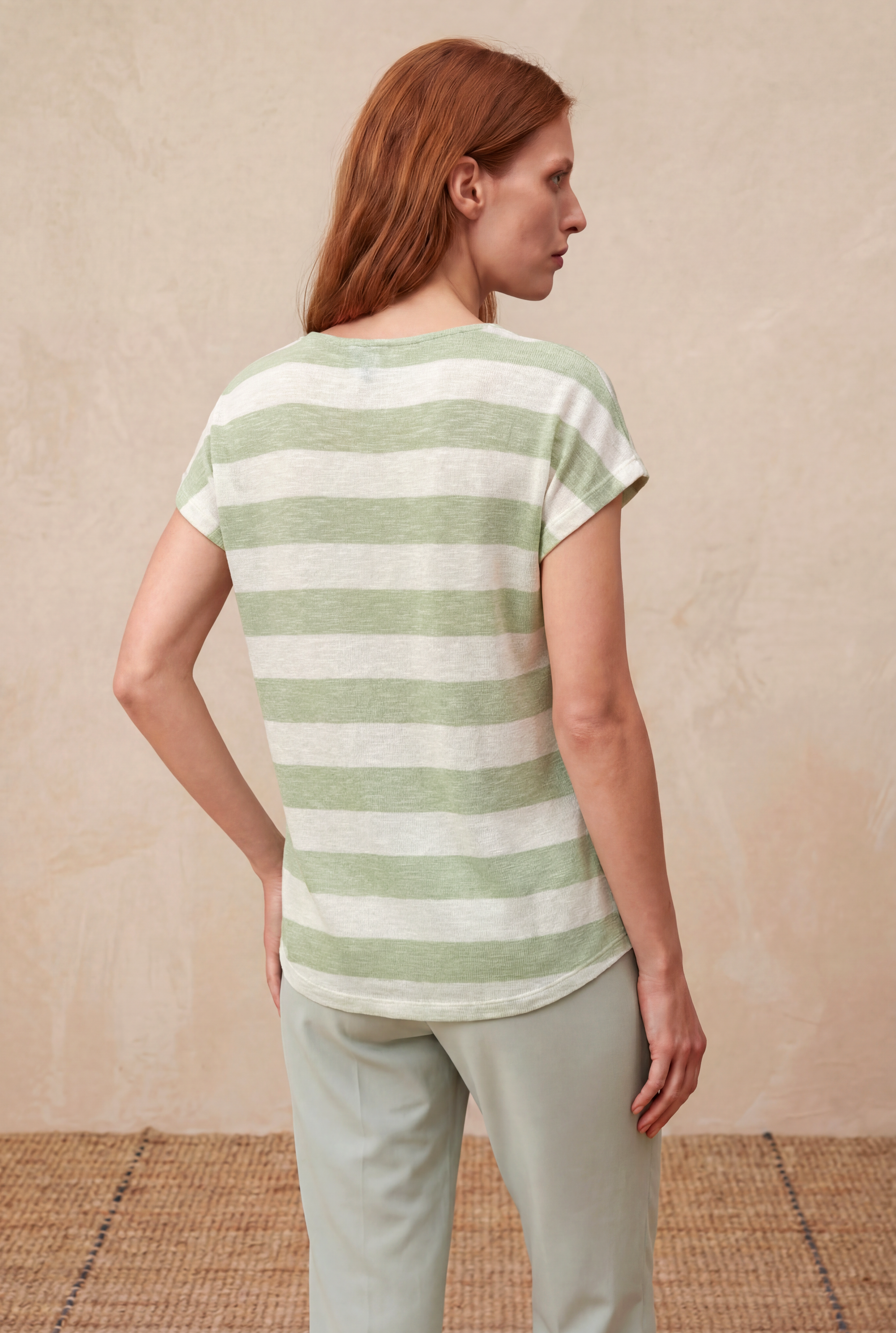 Kadın Regular Fit Bisiklet Yaka Kısa Kol Ekru / Light Yeşil Çizgili Viskon / Elastan T-Shirt WILDA - Top - Westmark London EU(TR) Store Organik Pamuklu Sürdürülebilir Moda