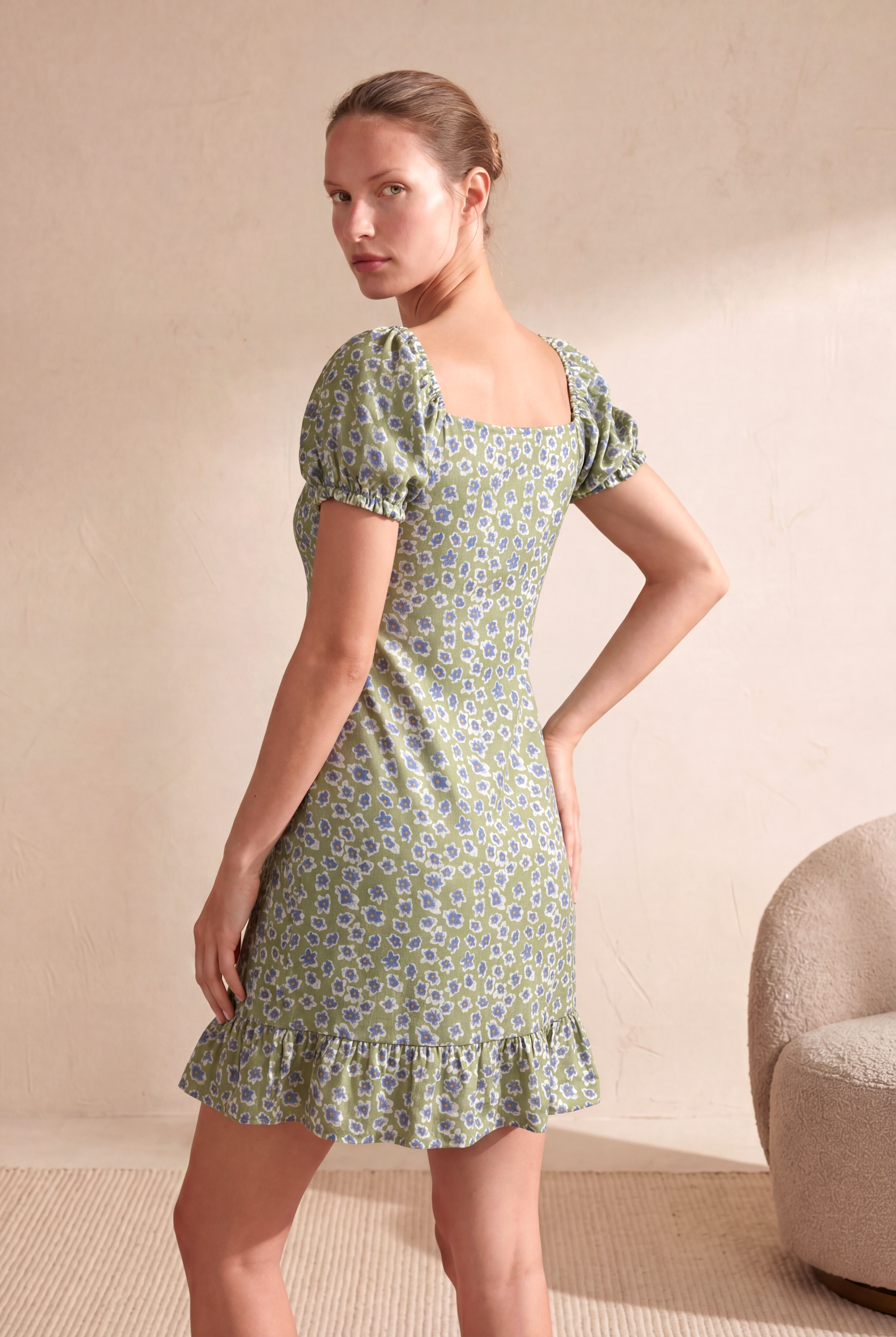 Kadın Regular Fit Kare Yaka Balon Büzgülü Kol Yeşil Mini Elbise EDUARDA - Dress - Westmark London EU(TR) Store Organik Pamuklu Sürdürülebilir Moda