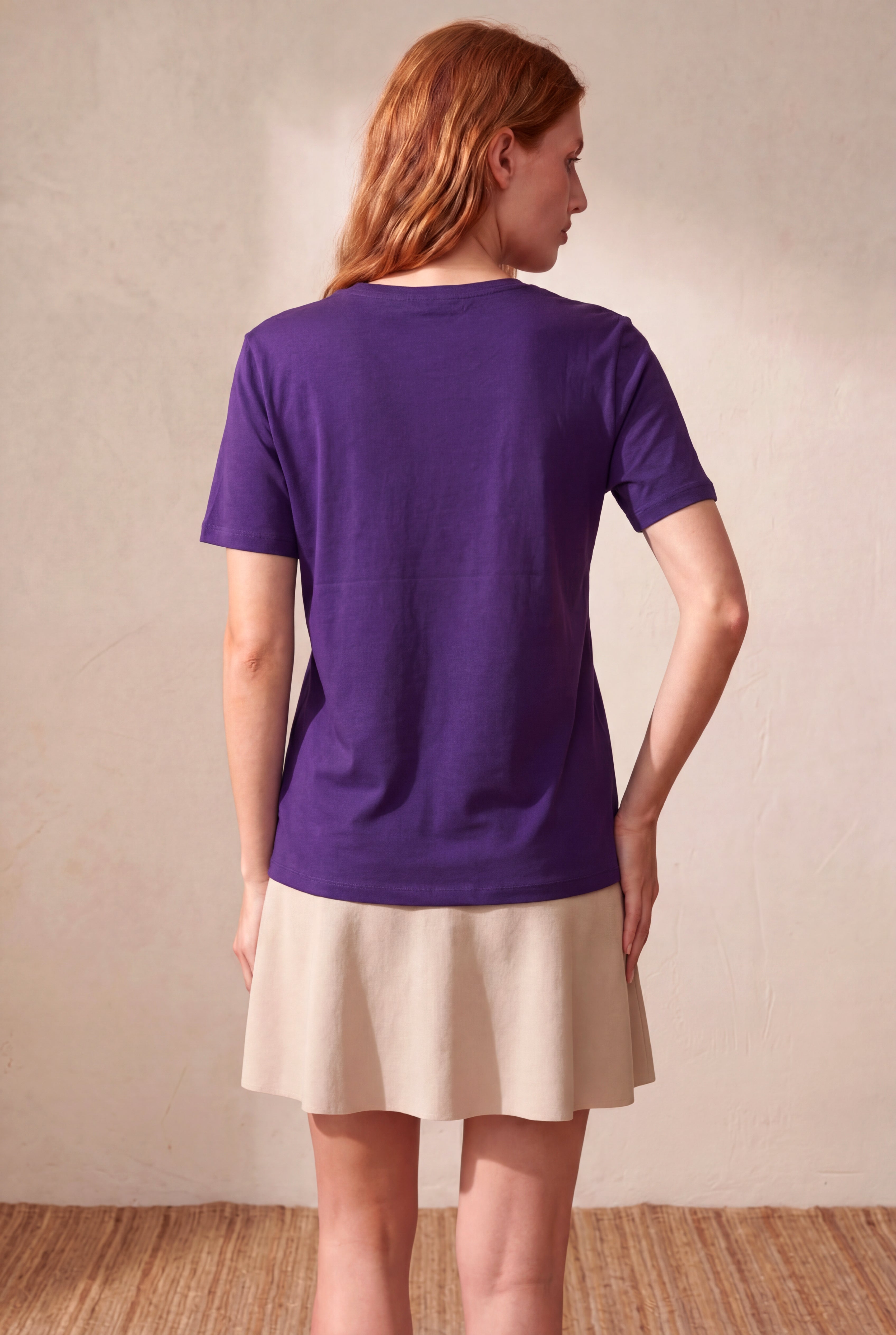 Kadın Mor %100 Pamuk Regular Fit Bisiklet Yaka Kısa Kollu Basic T-Shirt TONINA