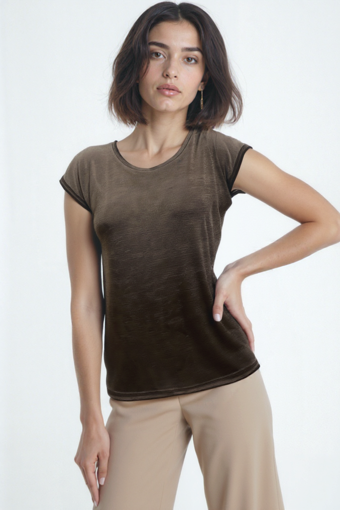 Kahverengi Bisiklet Yaka Pamuklu Kadın Kısa Kollu T-Shirt BETTY O-NECK TOP