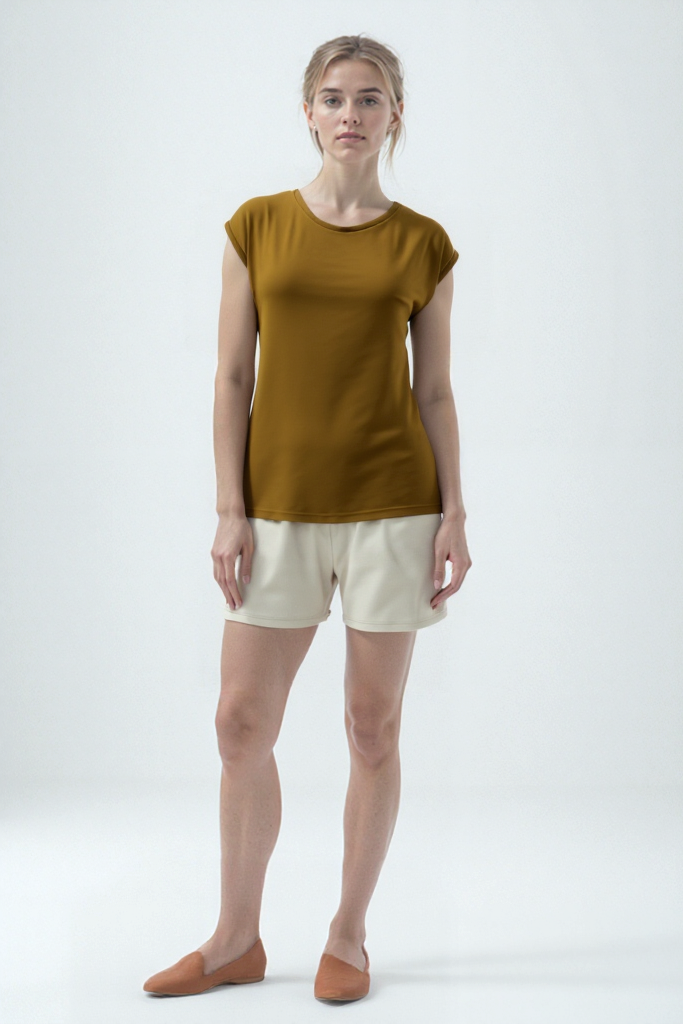 Sütlü Kahve Bisiklet Yaka Pamuklu Kadın Kısa Kollu T-Shirt BETTY O-NECK TOP
