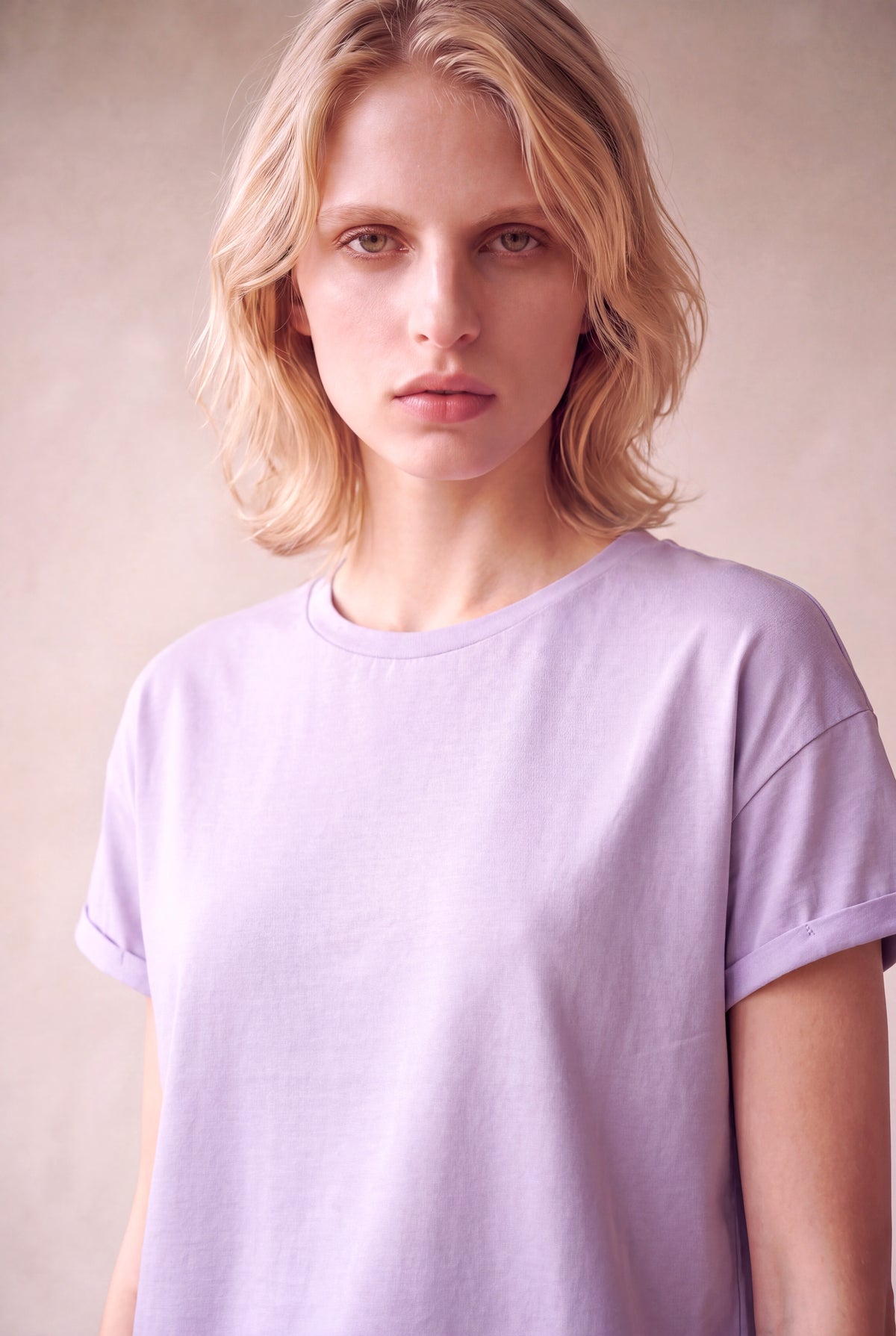 Kadın Modal / Pamuk Pastel Lila Katlamalı Kısa Kol Detaylı Düşük Omuz Bisiklet Yaka T-Shirt PALMA