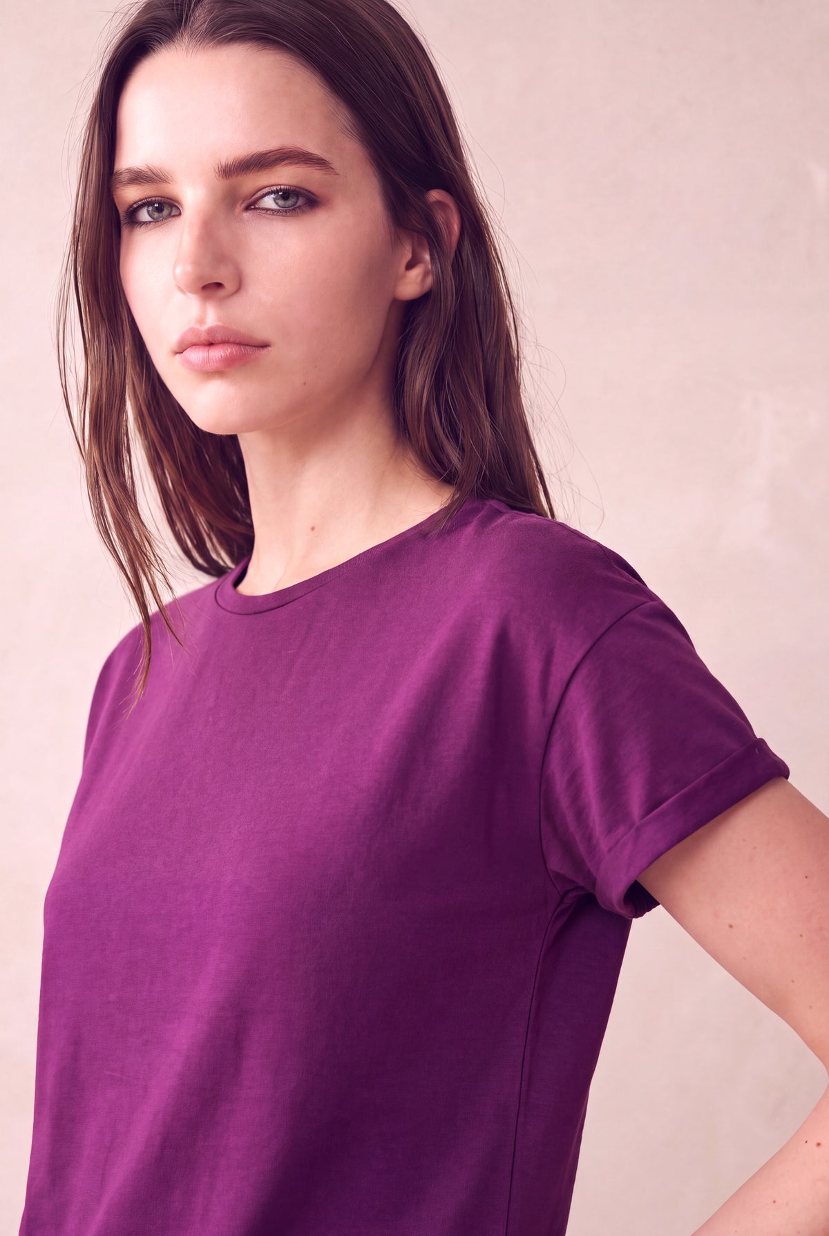 Kadın Modal / Pamuk Mor Katlamalı Kısa Kol Detaylı Düşük Omuz Bisiklet Yaka T-Shirt PALMA