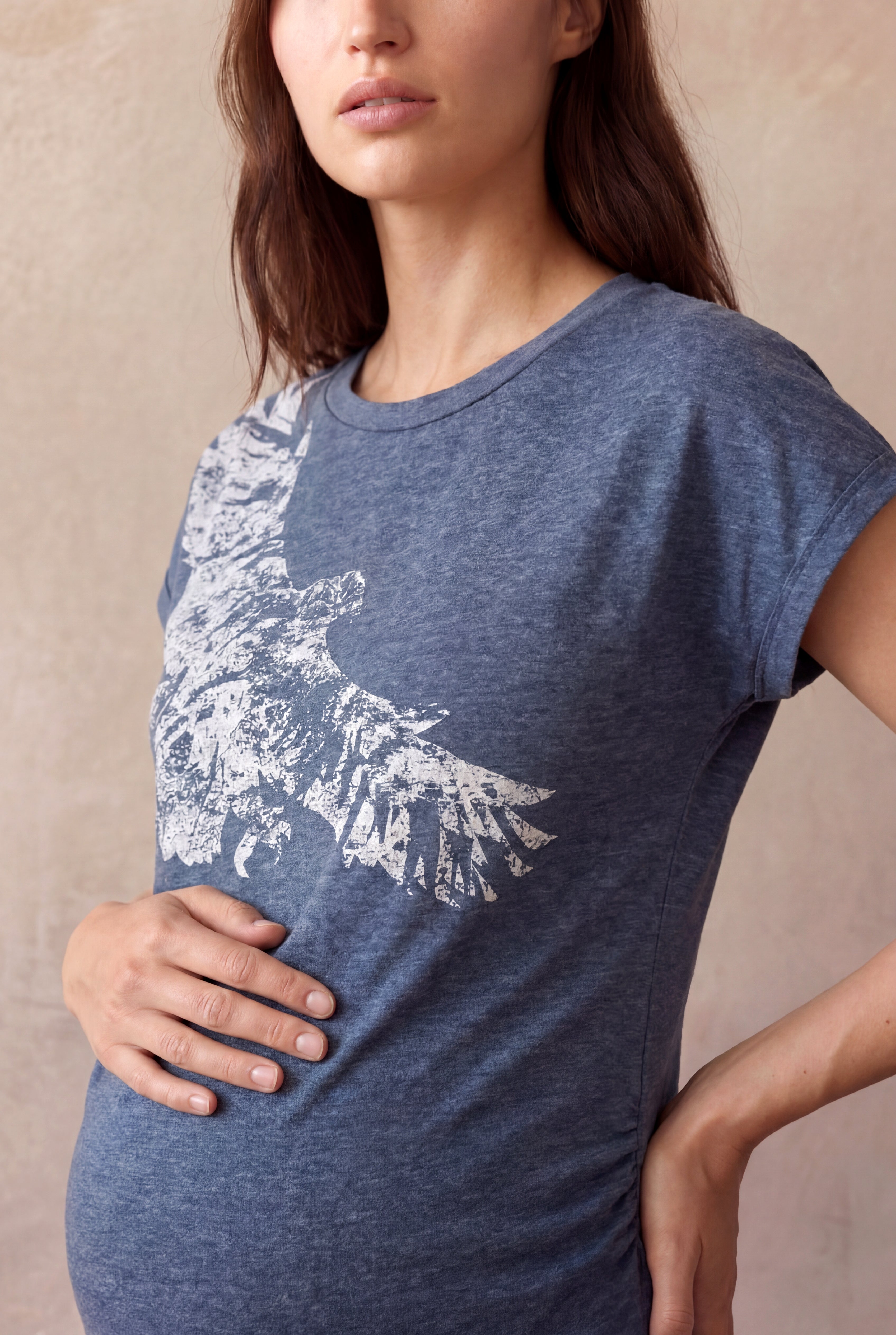 Hamile Pamuklu Mavi Melanj Kısa Kollu Bisiklet Yaka Baskılı T-Shirt WILLA