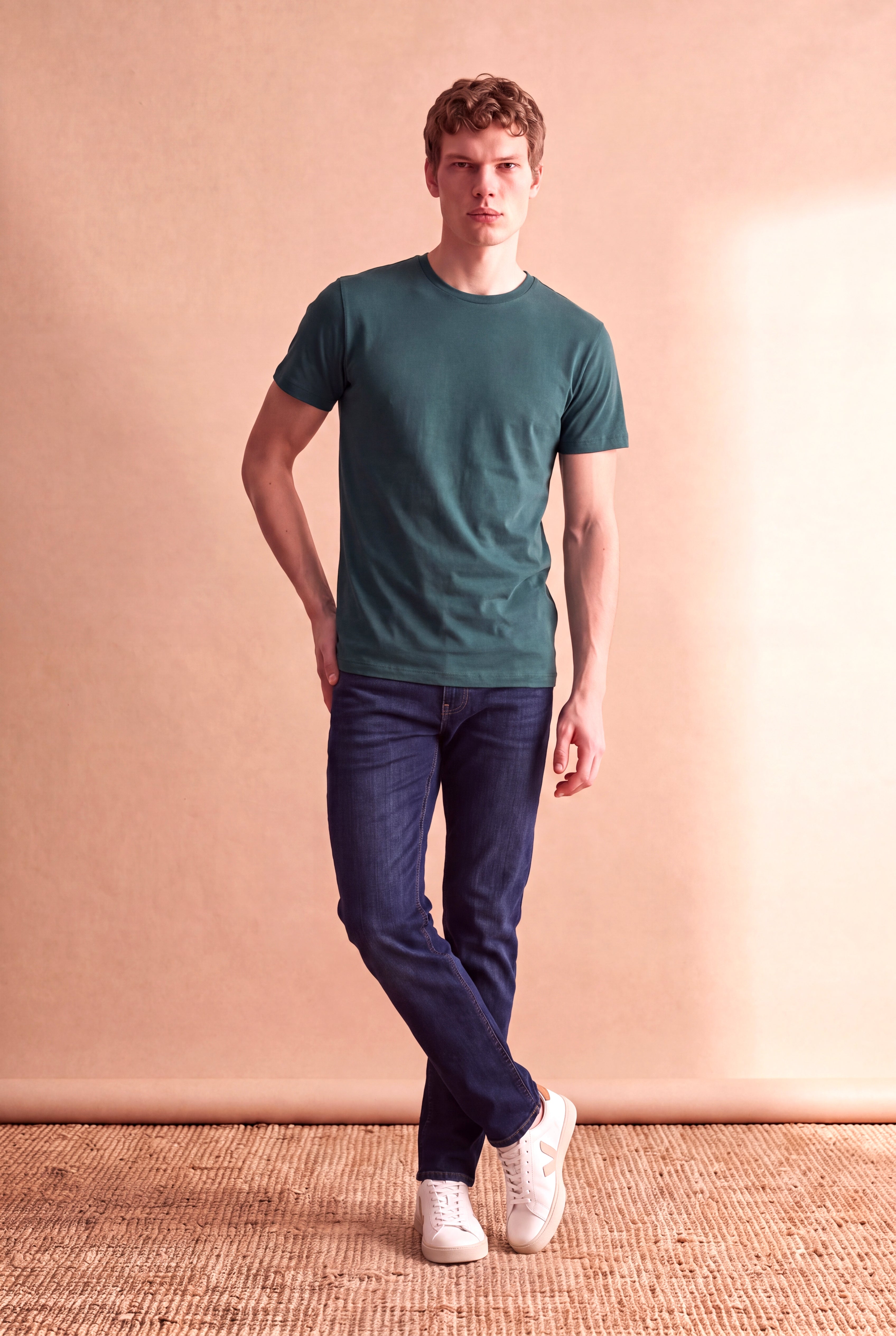Erkek %100 Pamuk Çam Yeşili Kısa Kollu Bisiklet Yaka Basic T-Shirt OLAV