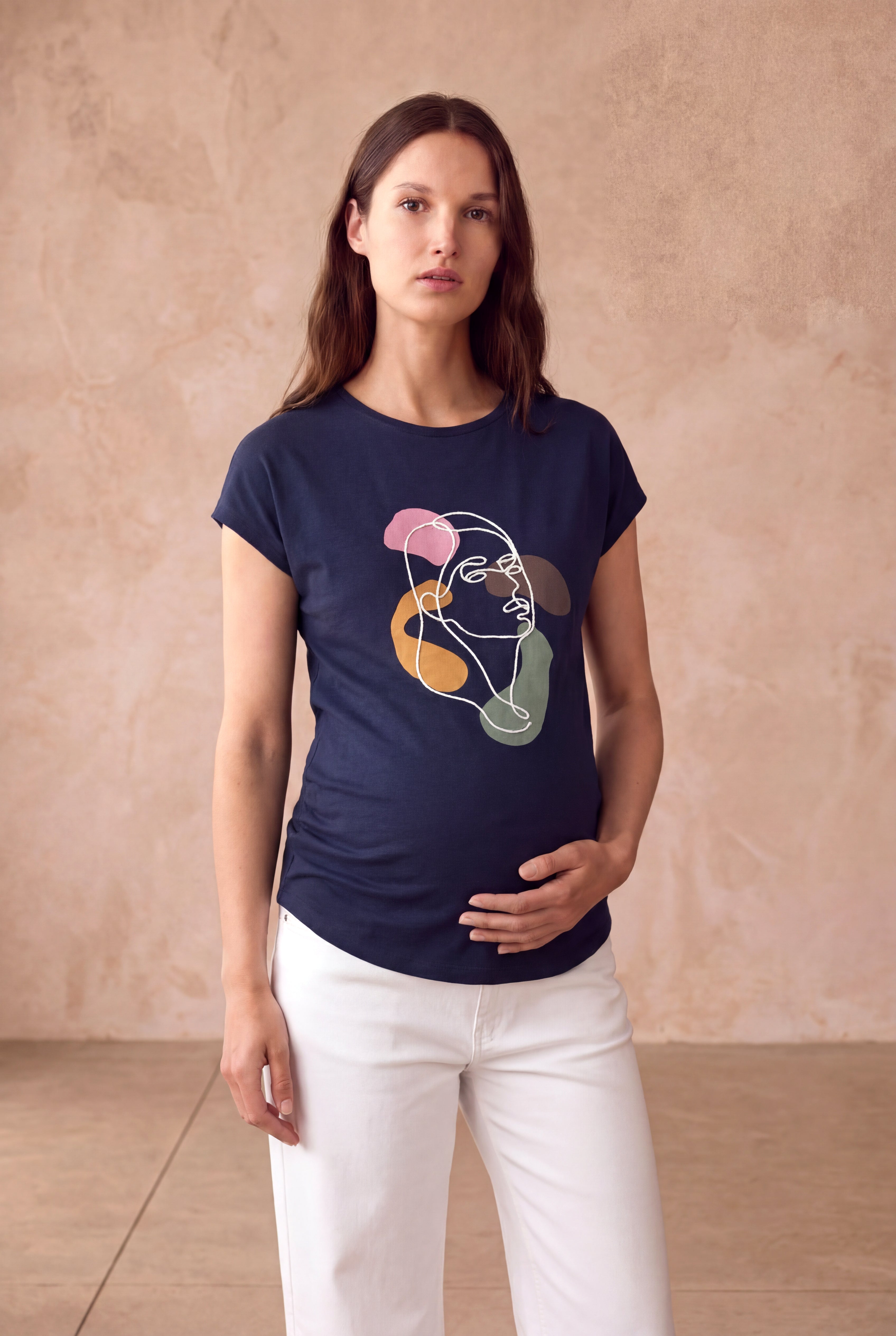 Hamile Pamuklu Lacivert Kısa Kollu Bisiklet Yaka Baskılı T-Shirt TAYLOR