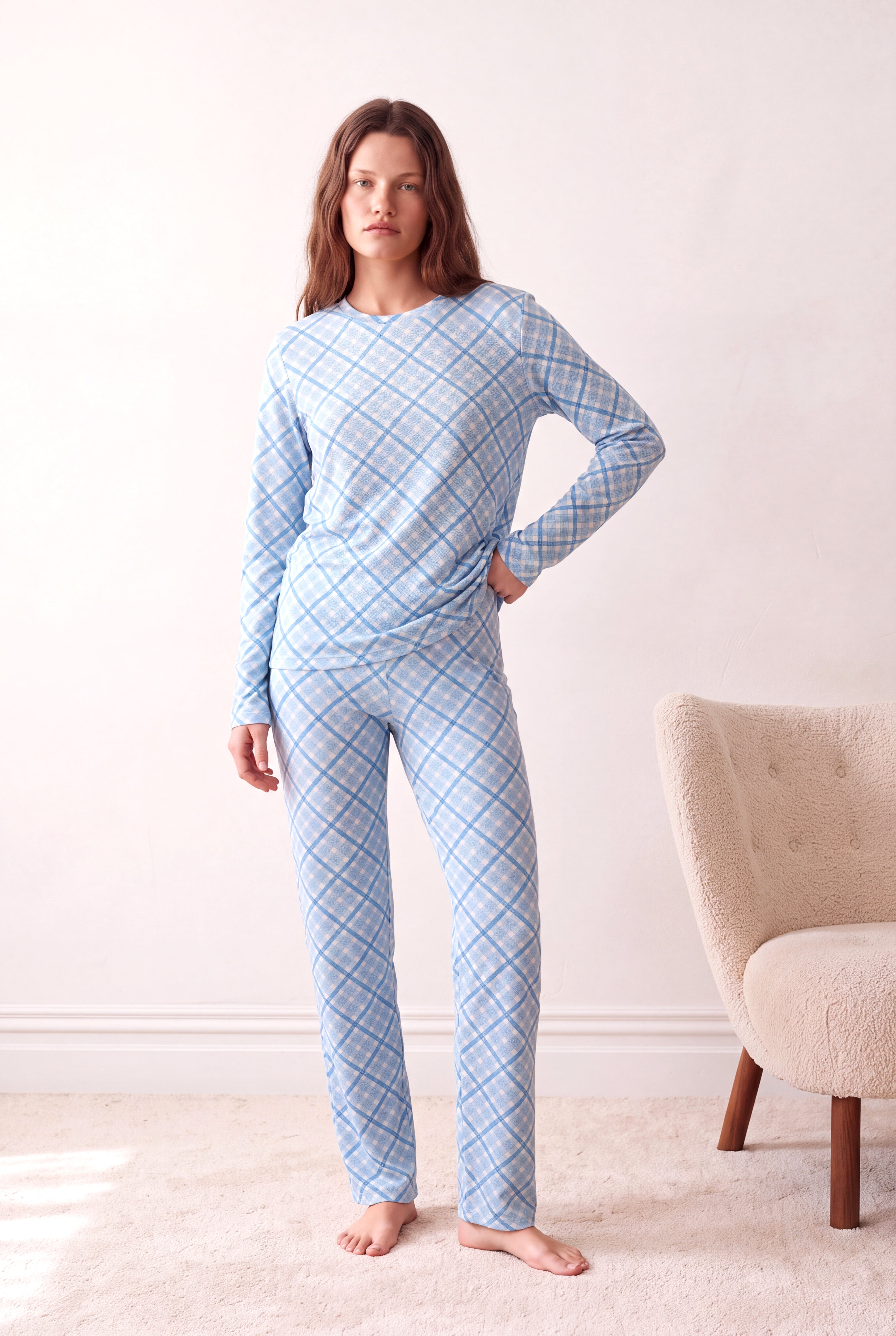 Kadın %100 Pamuk Ribana Mavi Ekose Desenli Uzun Kollu Bisiklet Yaka Uzun Altlı Pijama Takım PJJANE