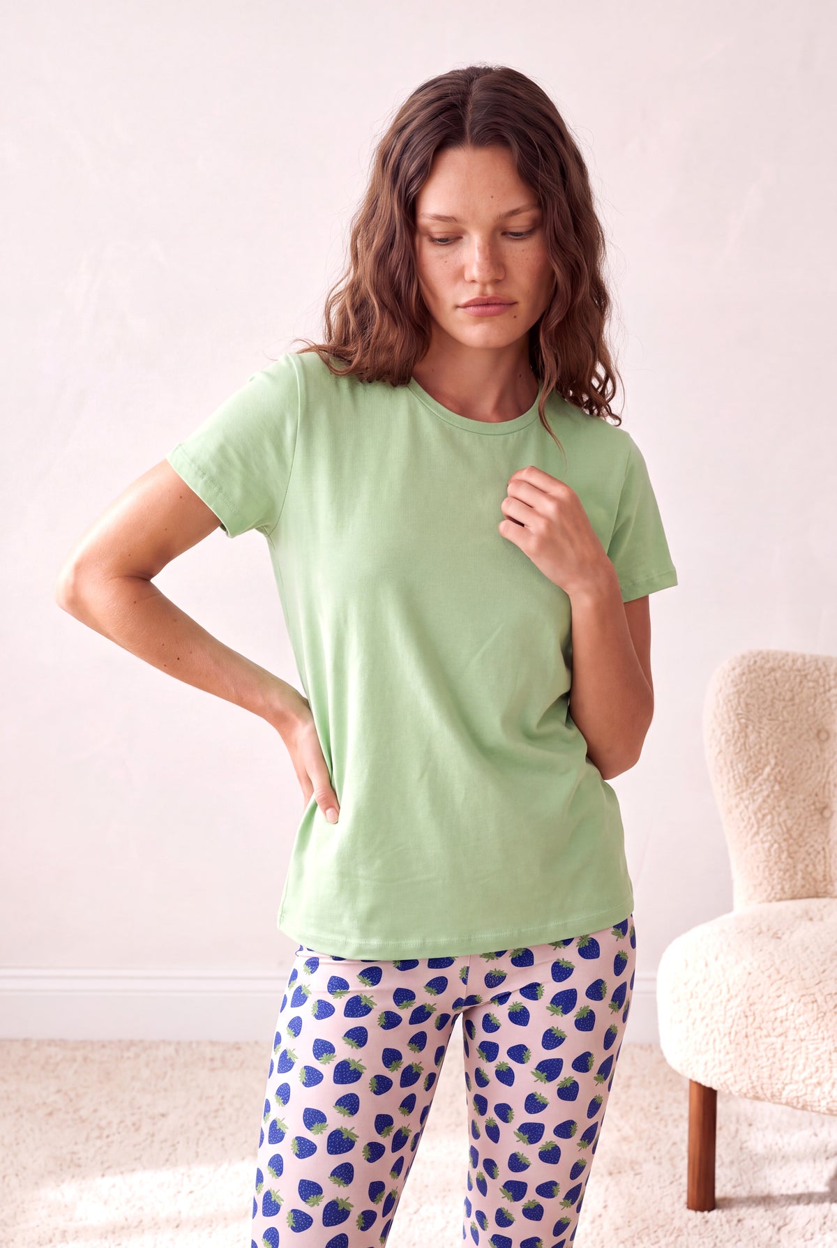 Kadın Pamuklu Pembe Desenli Kısa Kollu Bisiklet Yaka 3/4 Altlı Pijama Takım PJLINA