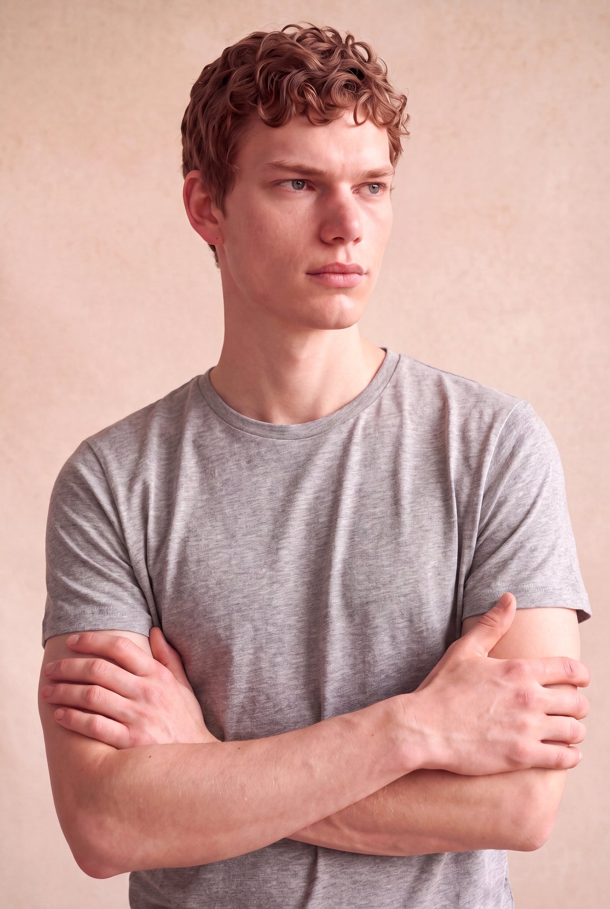 Erkek Pamuklu Açık Gri Melanj Kısa Kollu Bisiklet Yaka Basic T-Shirt OLAV