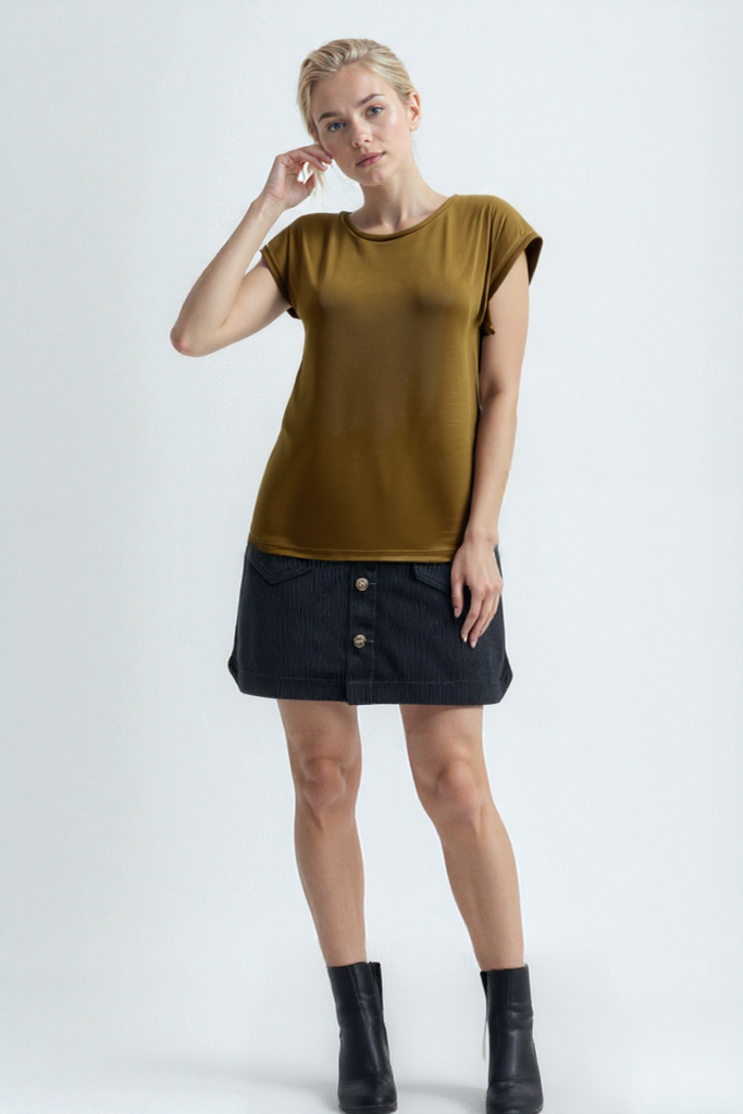Altın Rengi Bisiklet Yaka Pamuklu Kadın Kısa Kollu T-Shirt BETTY O-NECK TOP
