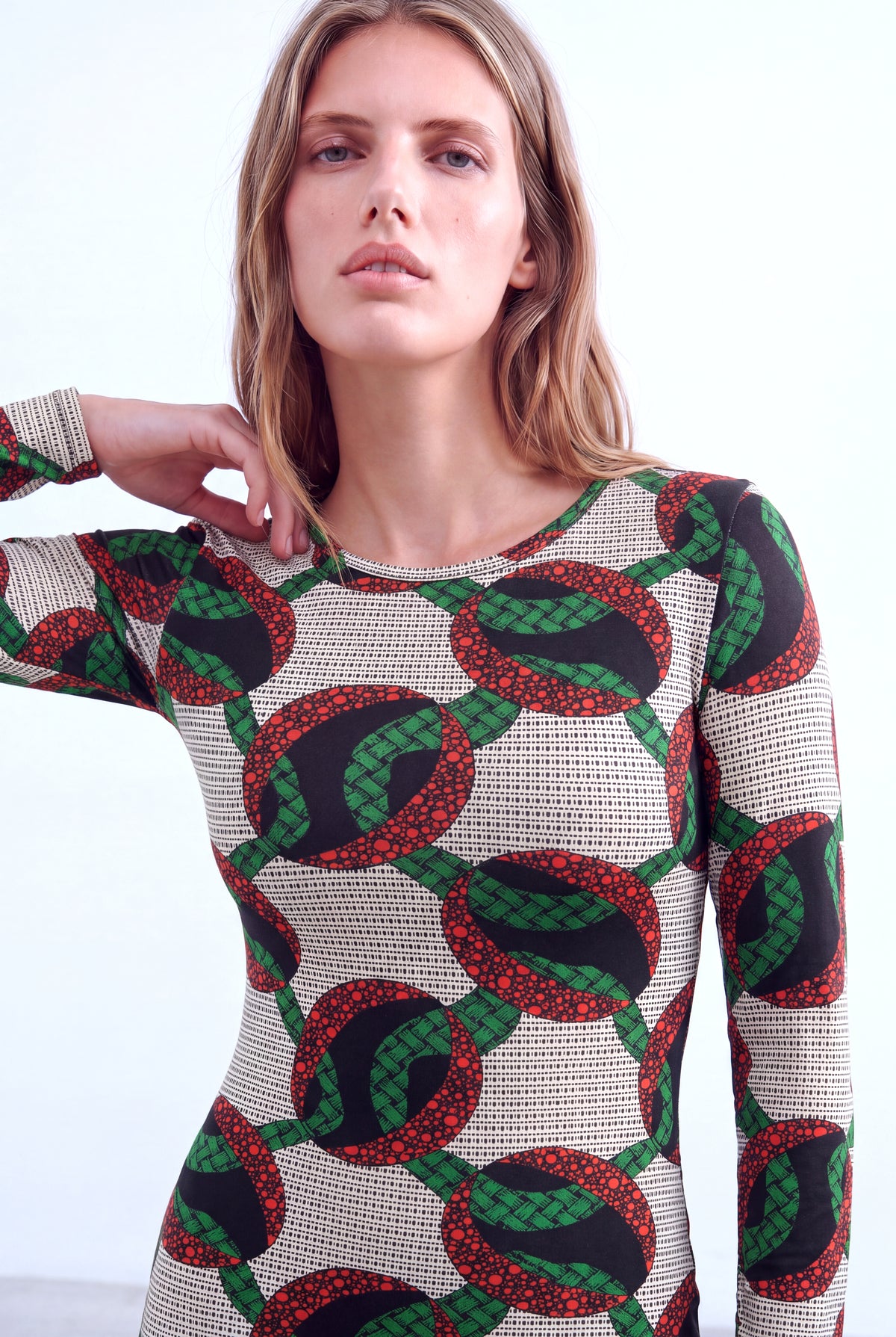 Beyaz Baskılı Kadın Beyaz Baskılı Esnek Dokulu Bisiklet Yaka Uzun Kollu Elbise STELLA - Dress - Westmark London EU(TR) Store Organik Pamuklu Sürdürülebilir Moda