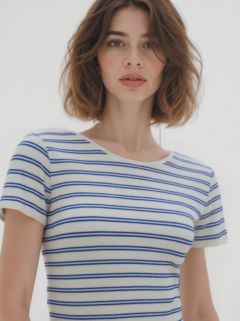 Mavi Beyaz Çizgili Bisiklet Yaka Kısa Kollu Kadın Crop T-Shirt SANDY S/S TOP