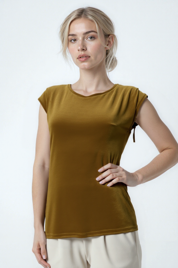 Sütlü Kahve Bisiklet Yaka Pamuklu Kadın Kısa Kollu T-Shirt BETTY O-NECK TOP