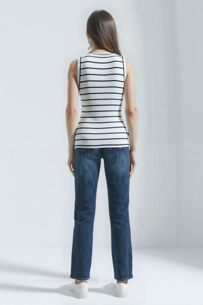 Beyaz Siyah Çizgili Bisiklet Yaka Kolsuz Kadın T-Shirt POPPY TOP - Tops - Westmark London EU(TR) Store Organik Pamuklu Sürdürülebilir Moda