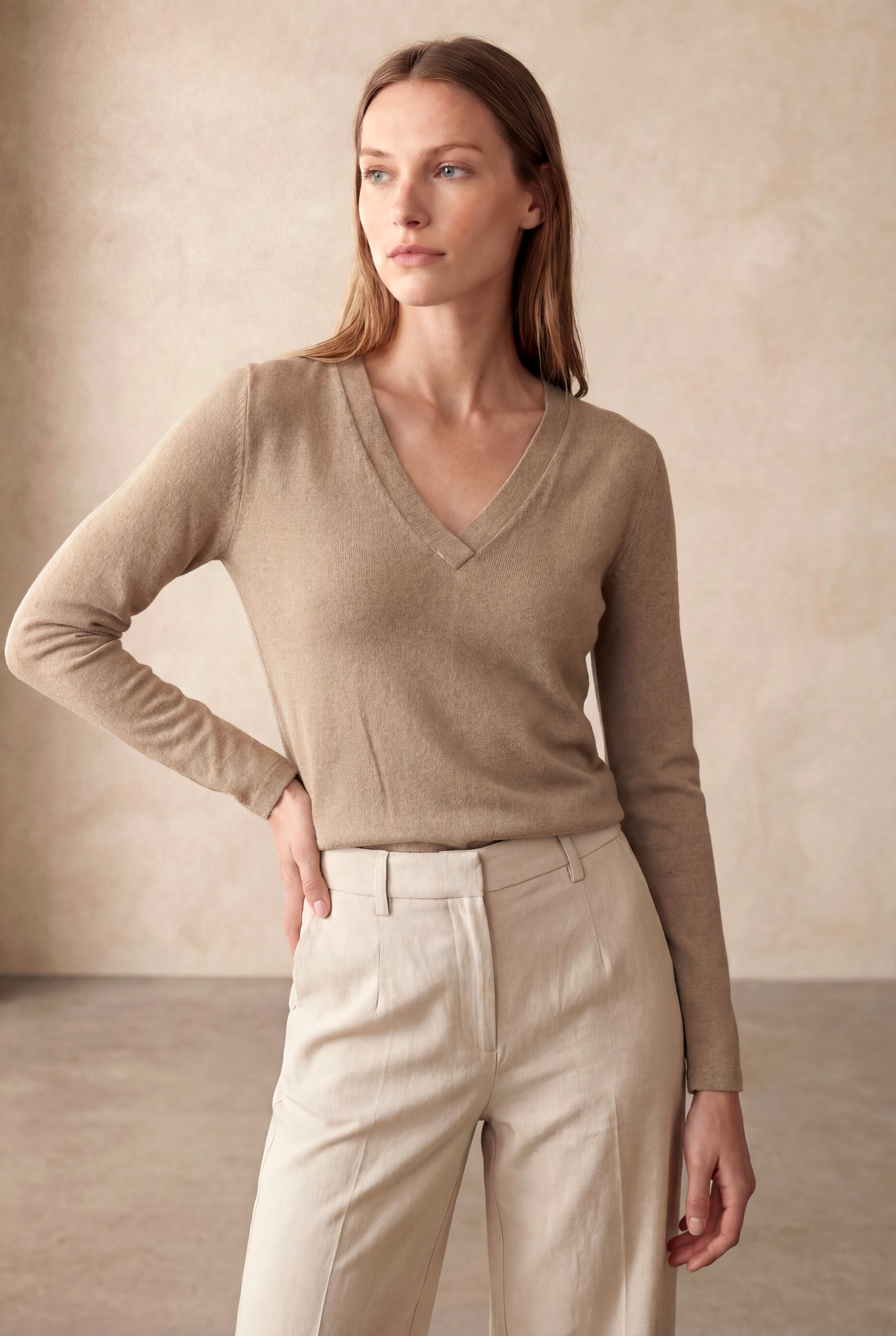 Bej V Yaka Uzun Kollu Kadın Bluz VIOLA TOP - Blouse - Westmark London EU(TR) Store Organik Pamuklu Sürdürülebilir Moda