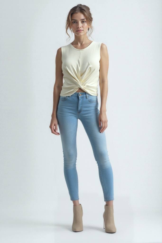 Krem Rengi Bisiklet Yaka Pamuklu Kolsuz Crop Kadın T-Shirt TIANA S/L TOP