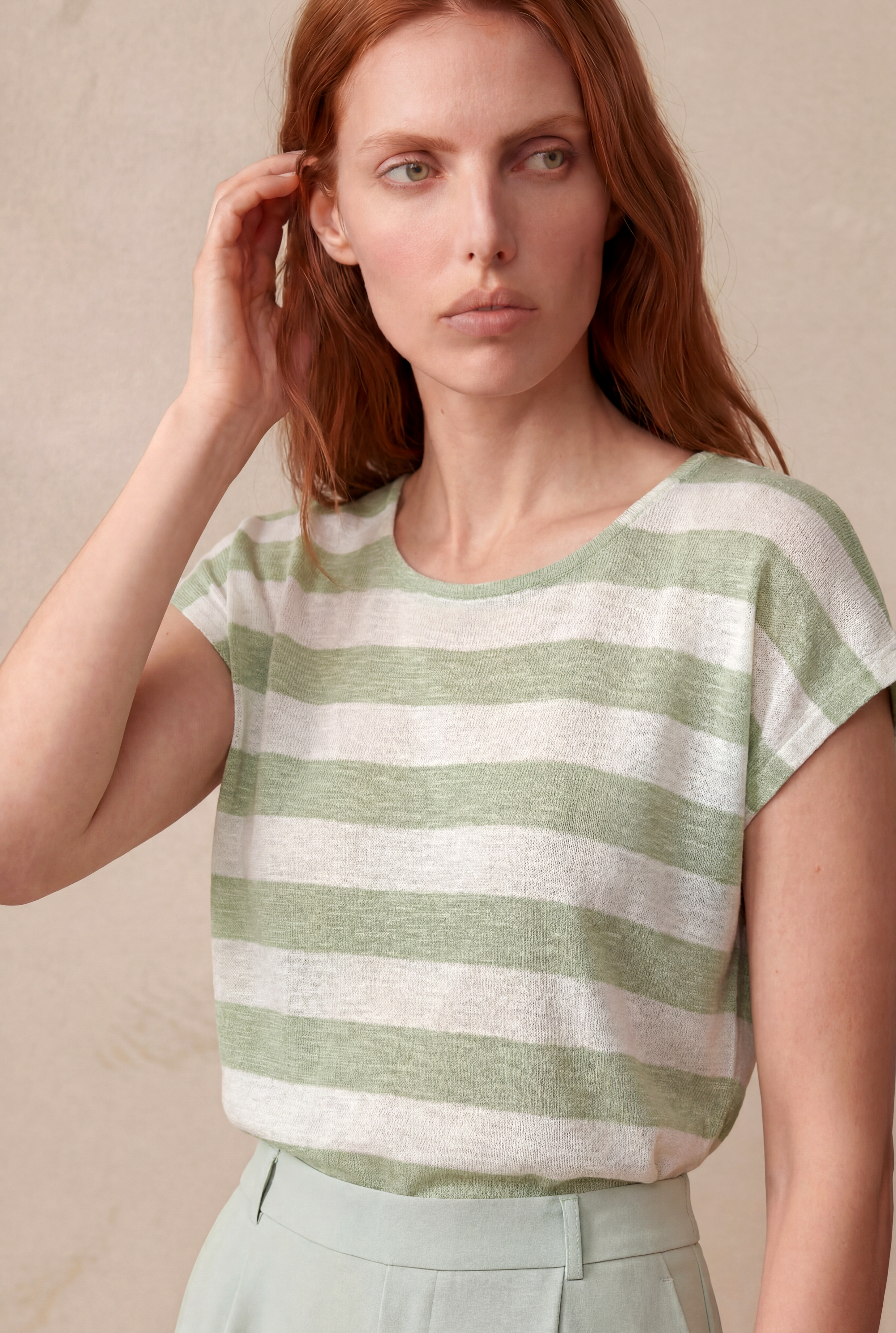 Kadın Regular Fit Bisiklet Yaka Kısa Kol Ekru / Light Yeşil Çizgili Viskon / Elastan T-Shirt WILDA - Top - Westmark London EU(TR) Store Organik Pamuklu Sürdürülebilir Moda