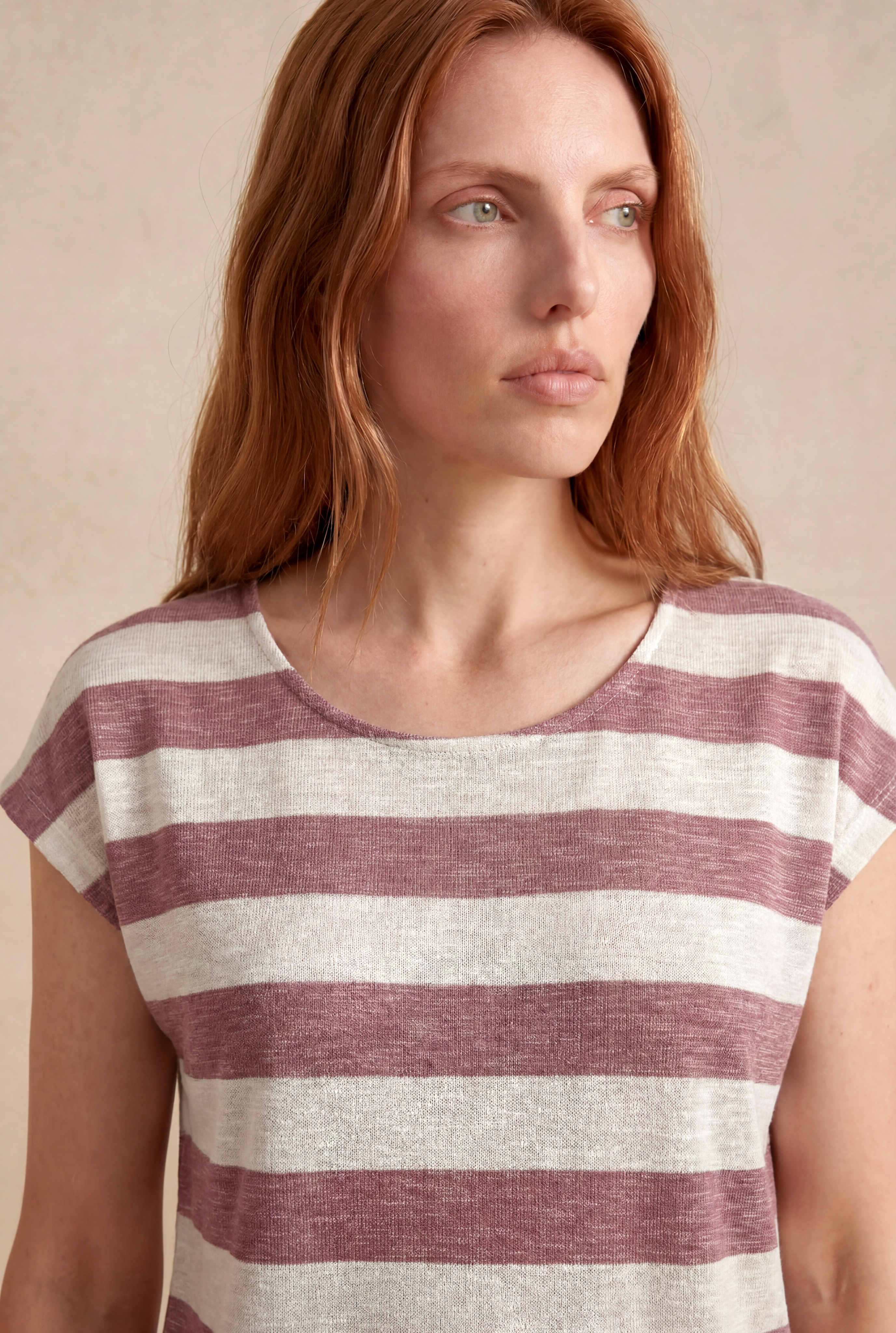 Kadın Regular Fit Bisiklet Yaka Kısa Kol Ekru / Gül Kurusu Çizgili Viskon / Elastan T-Shirt WILDA - Top - Westmark London EU(TR) Store Organik Pamuklu Sürdürülebilir Moda