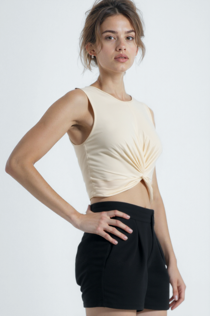 Toz Pembe Bisiklet Yaka Pamuklu Kolsuz Crop Kadın T-Shirt TIANA S/L TOP