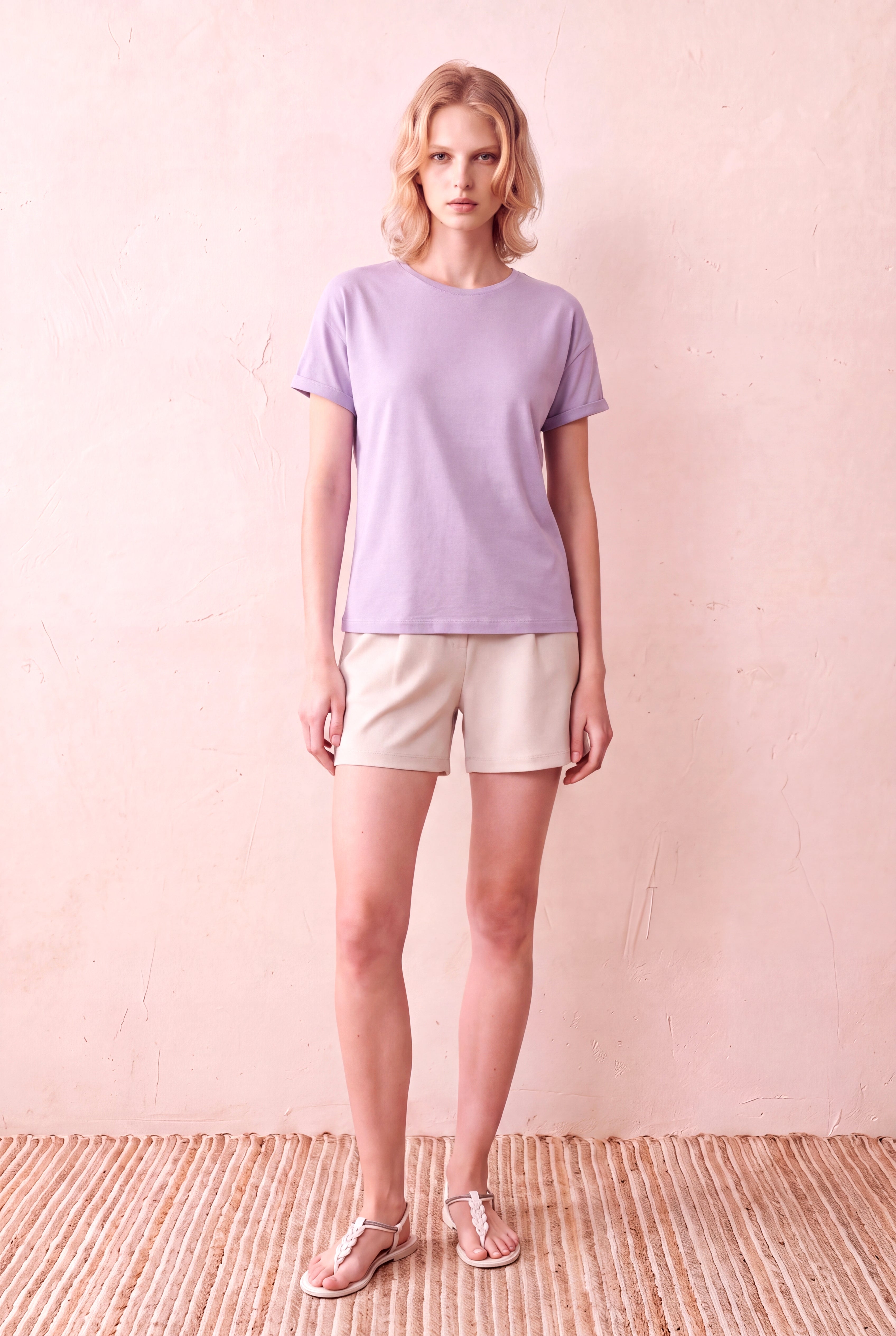 Kadın Modal / Pamuk Pastel Lila Katlamalı Kısa Kol Detaylı Düşük Omuz Bisiklet Yaka T-Shirt PALMA