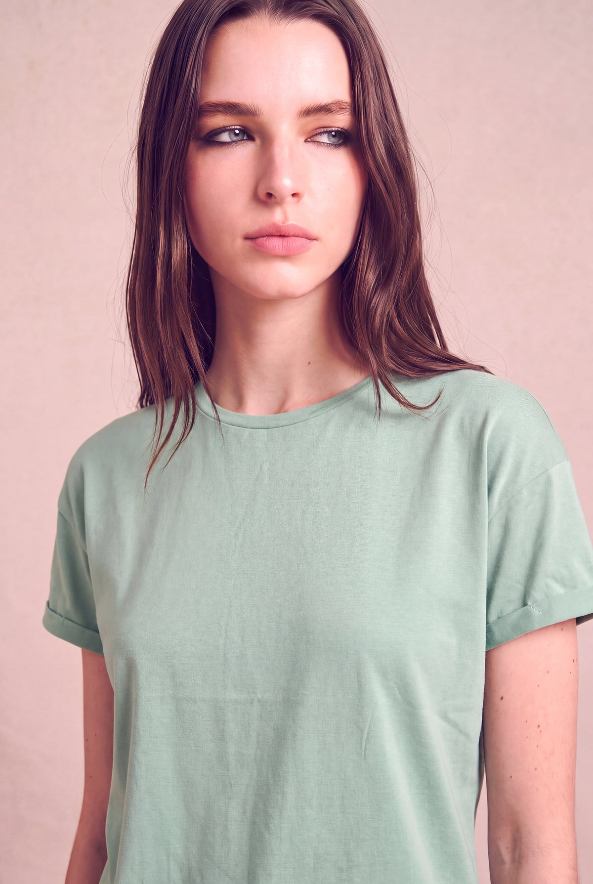 Kadın Modal / Pamuk Yeşil-Gri Katlamalı Kısa Kol Detaylı Düşük Omuz Bisiklet Yaka T-Shirt PALMA