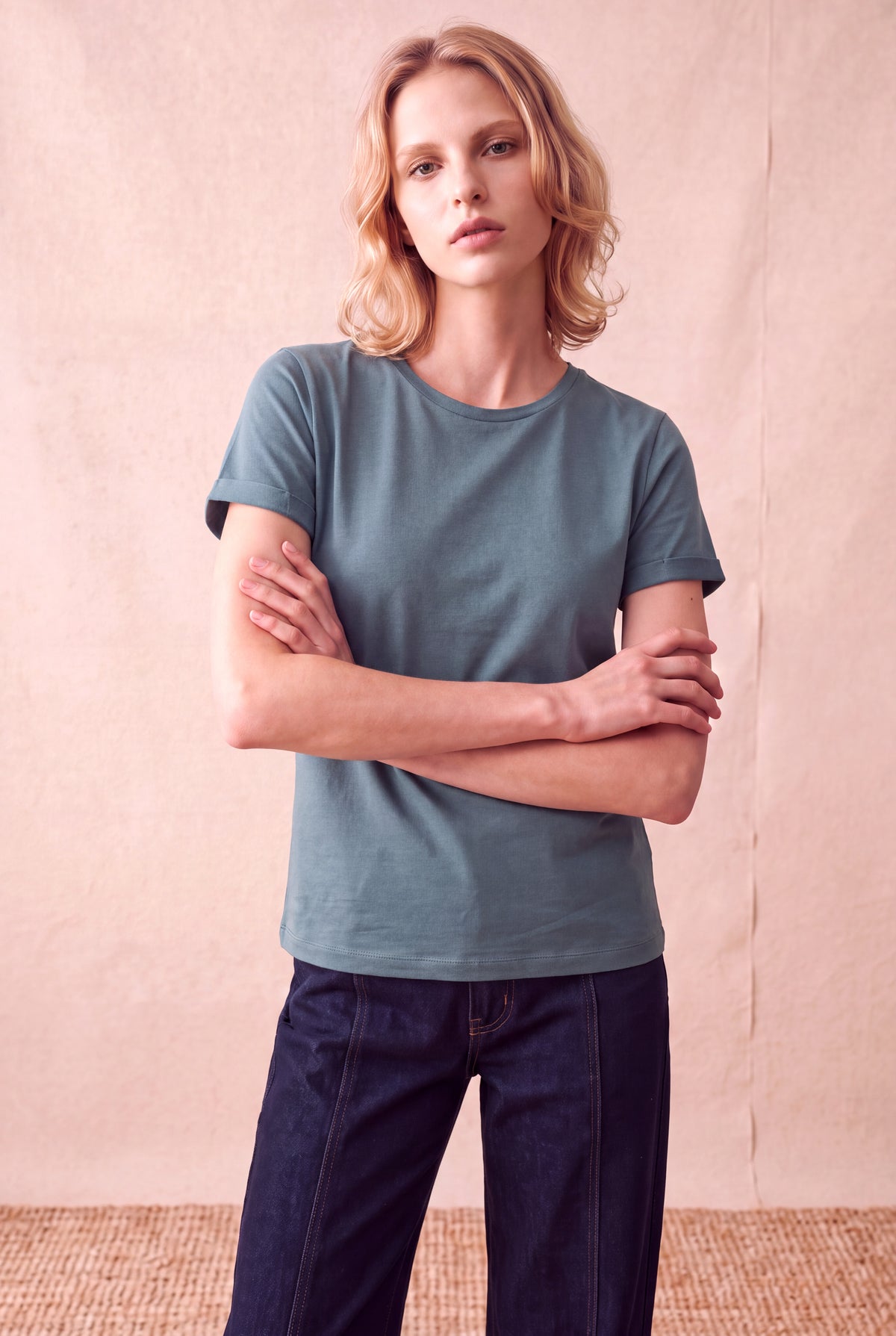 Kadın Modal / Pamuk Gri Katlamalı Kısa Kol Detaylı Düşük Omuz Bisiklet Yaka T-Shirt PALMA