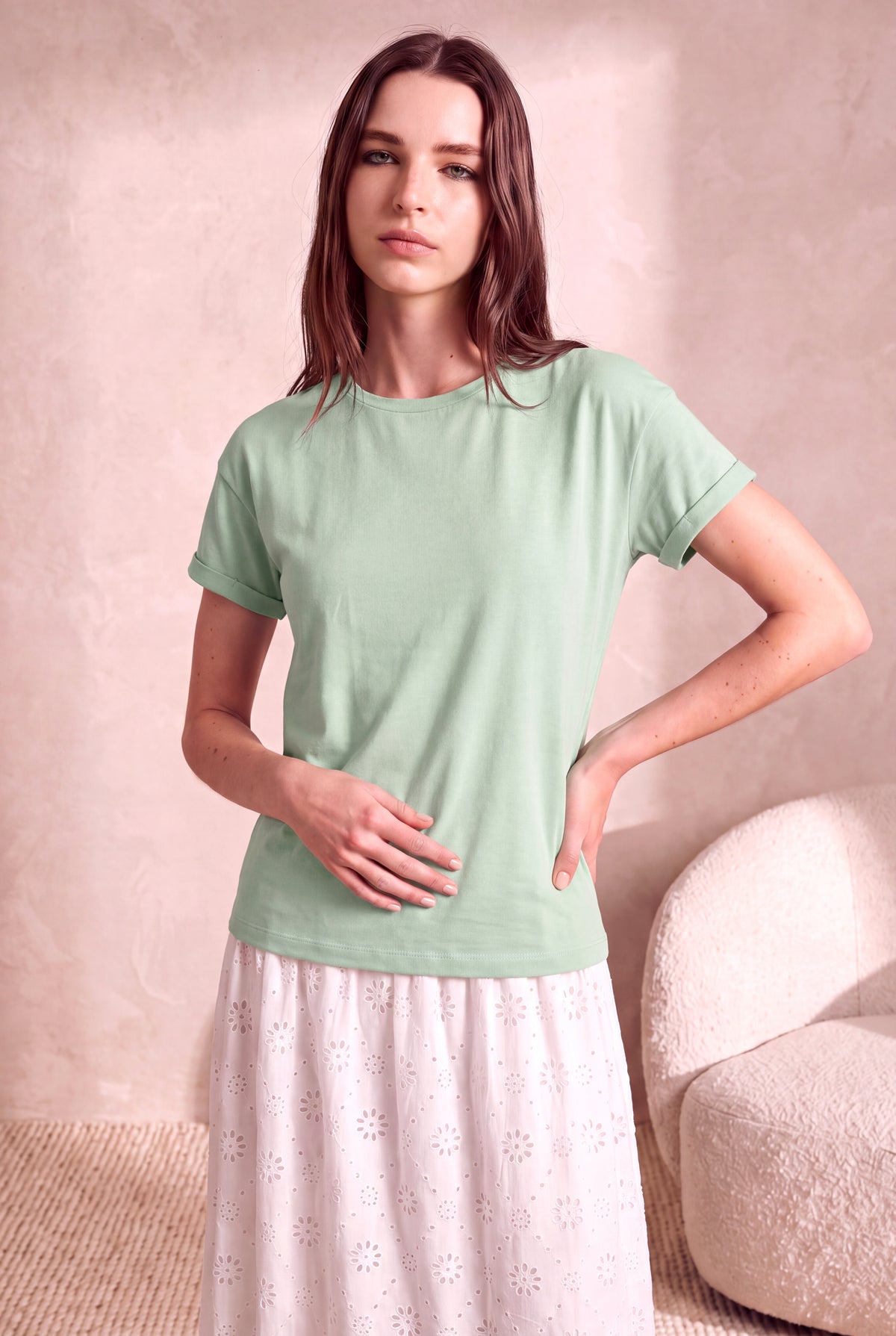 Kadın Modal / Pamuk Adaçayı Yeşil Katlamalı Kısa Kol Detaylı Düşük Omuz Bisiklet Yaka T-Shirt PALMA