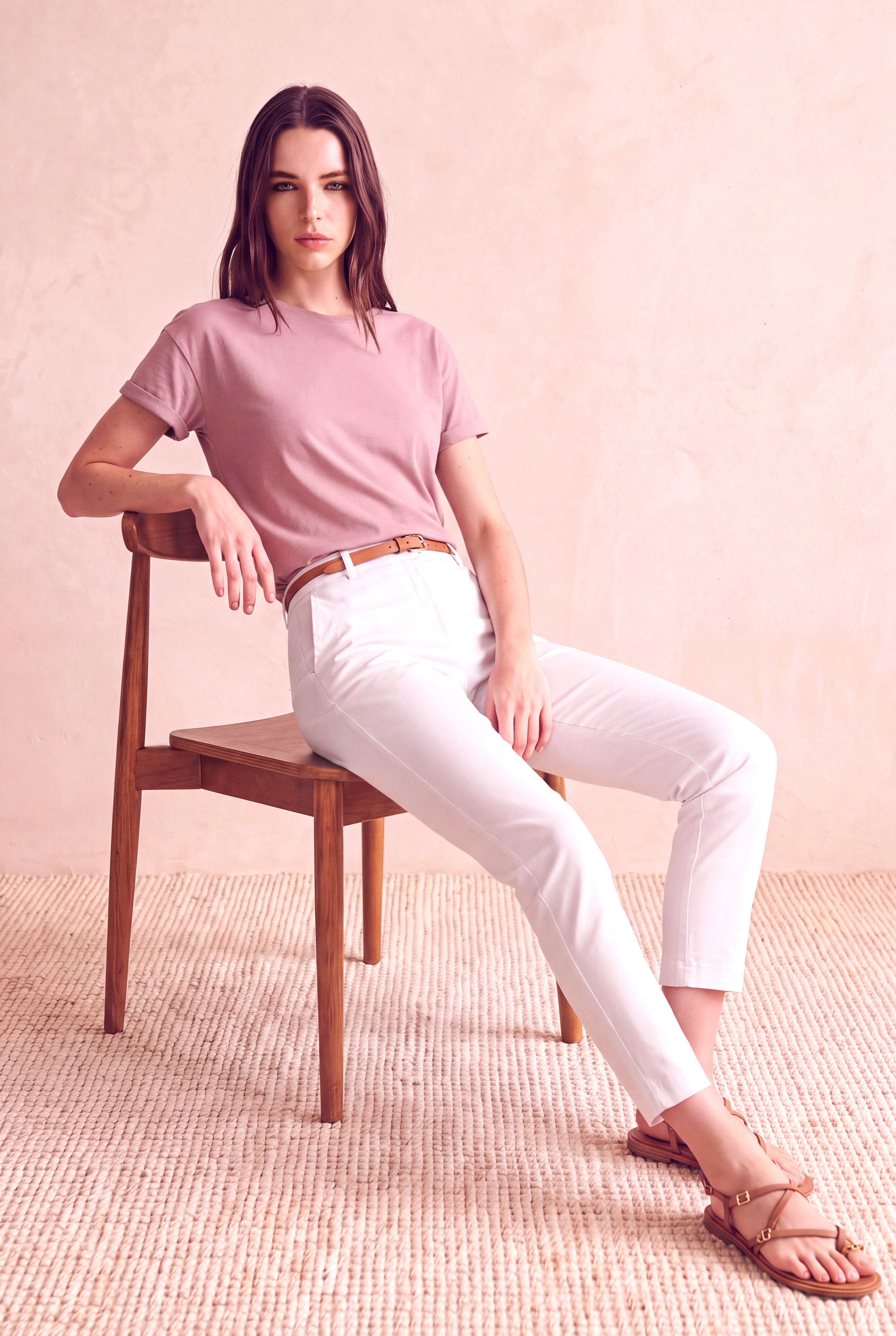 Kadın Pamuklu Pembe Katlamalı Kısa Kol Detaylı Düşük Omuz Bisiklet Yaka T-Shirt PALMA