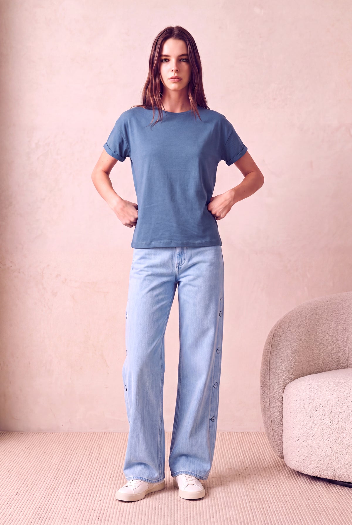 Kadın Modal / Pamuk Porselen Mavisi Katlamalı Kısa Kol Detaylı Düşük Omuz Bisiklet Yaka T-Shirt PALMA