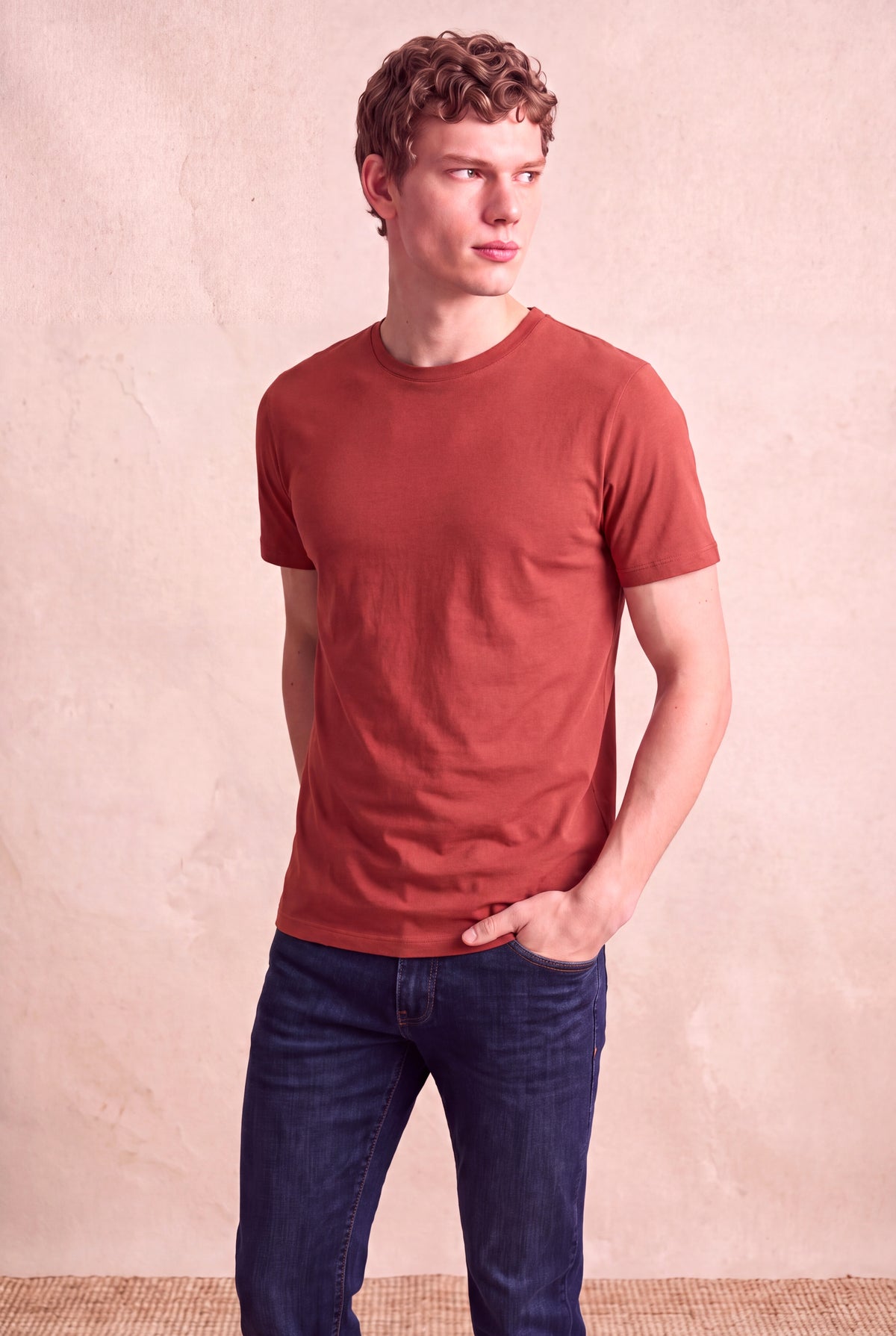 Erkek %100 Pamuk Kırmızı Kısa Kollu Bisiklet Yaka Basic T-Shirt OLAV