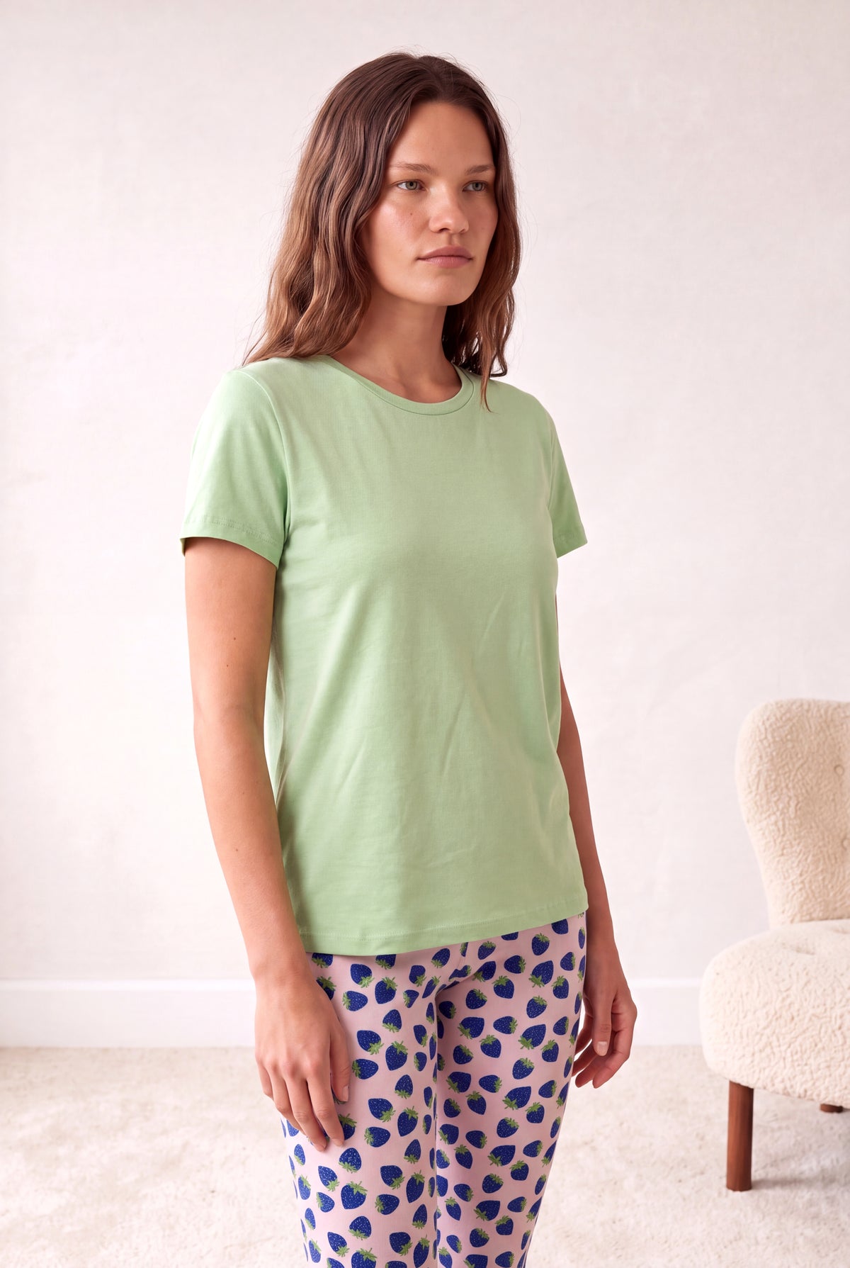 Kadın Pamuklu Pembe Desenli Kısa Kollu Bisiklet Yaka 3/4 Altlı Pijama Takım PJLINA