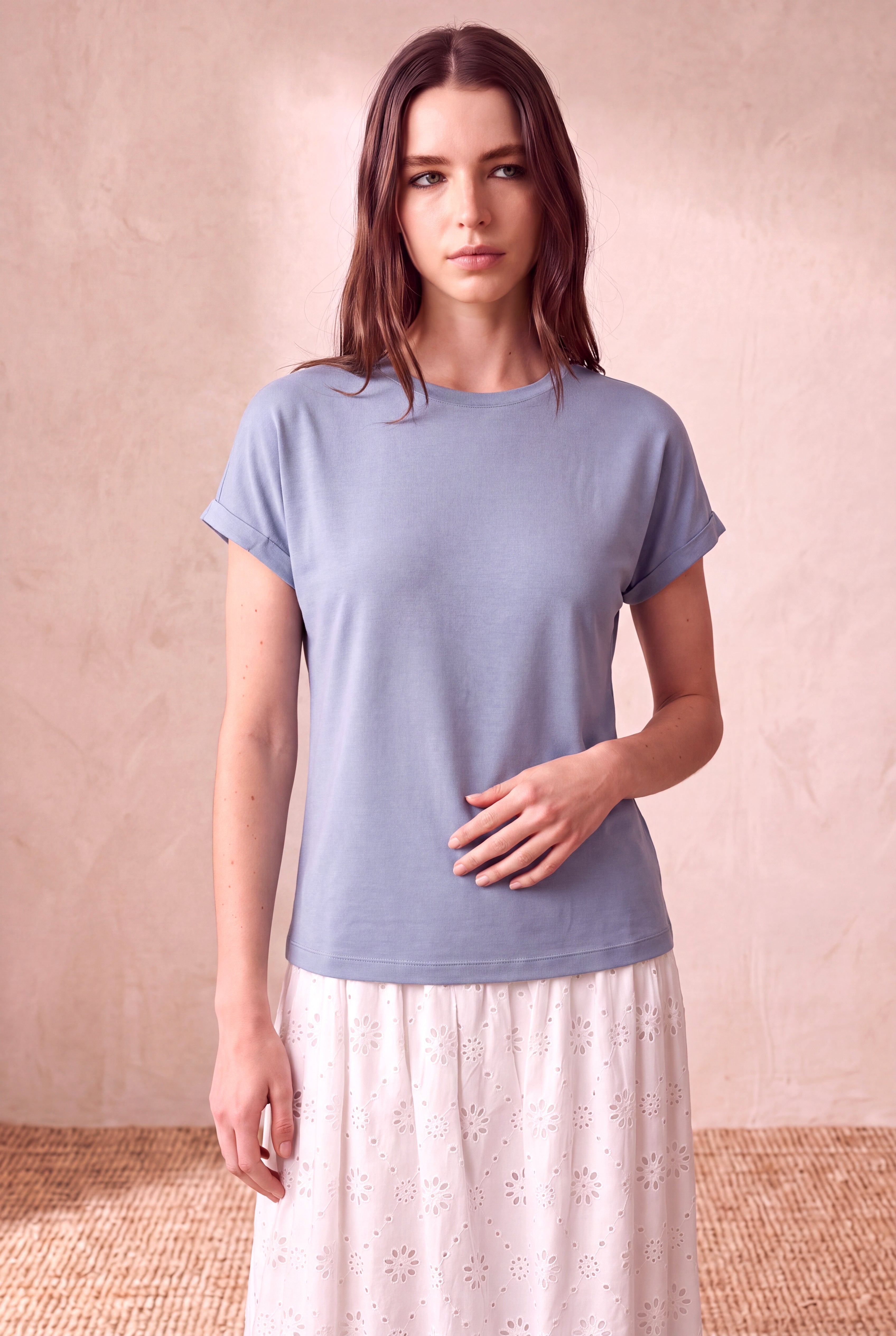 Kadın %100 Modal Buz Mavisi Katlamalı Kısa Kol Bisiklet Yaka Rahat Kesim T-Shirt SILJE