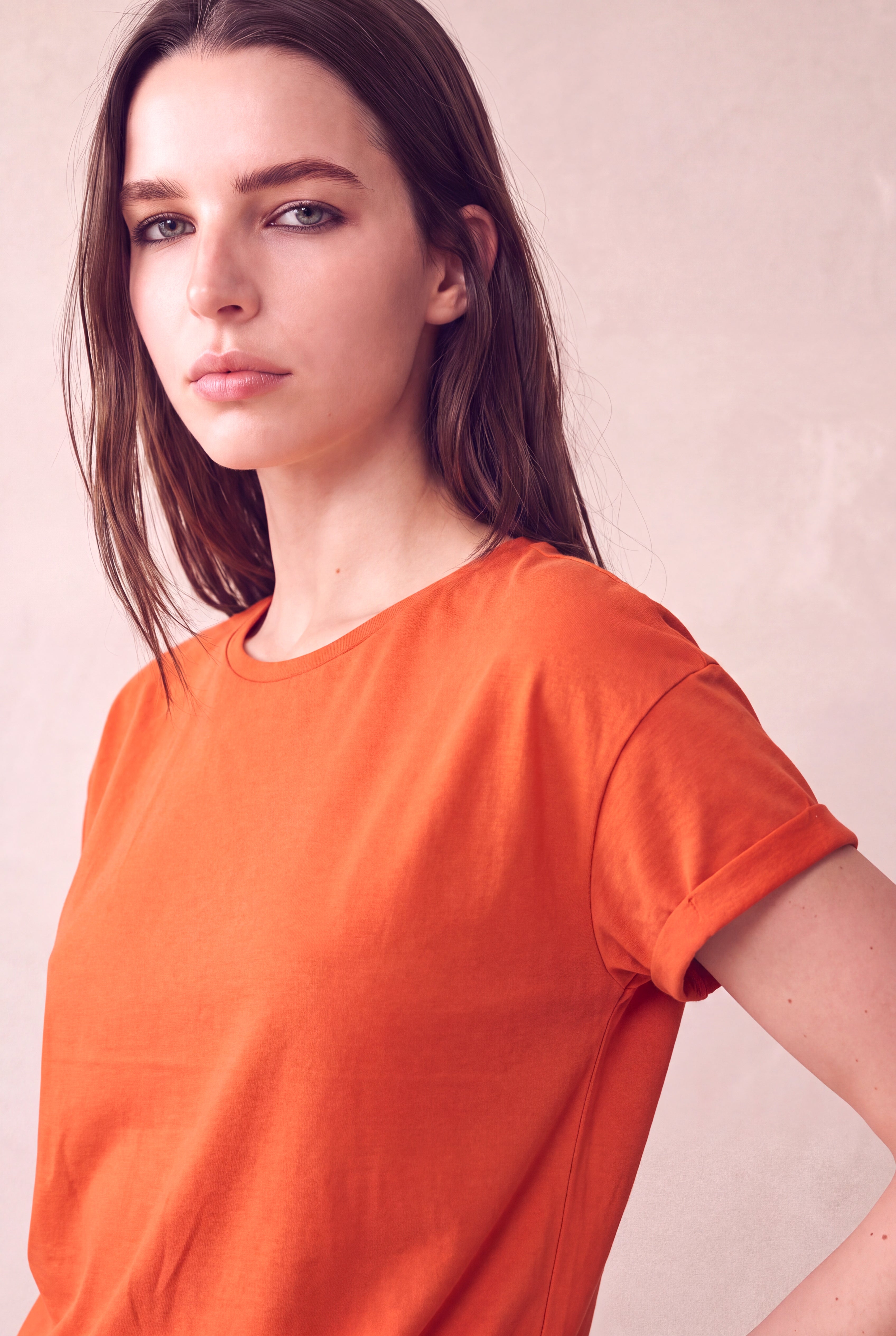Kadın Modal / Pamuk Turuncu Katlamalı Kısa Kol Detaylı Düşük Omuz Bisiklet Yaka T-Shirt PALMA
