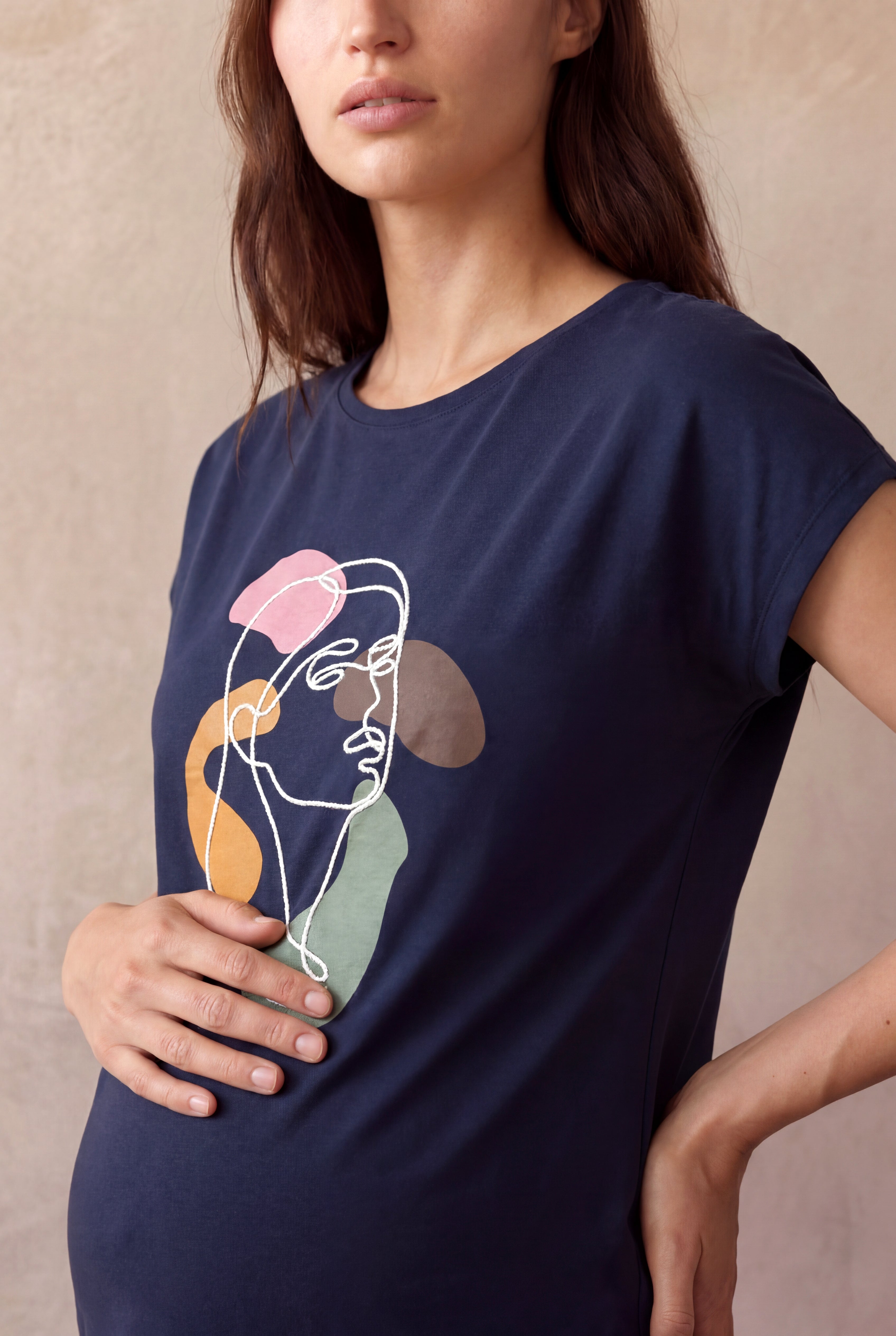 Hamile Pamuklu Lacivert Kısa Kollu Bisiklet Yaka Baskılı T-Shirt TAYLOR