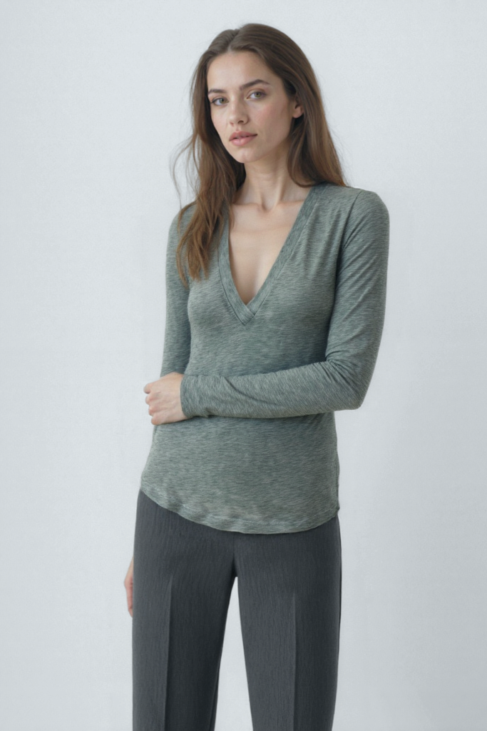 Gri Melanj V Yaka Uzun Kollu Kadın Bluz VIOLA TOP - Blouse - Westmark London EU(TR) Store Organik Pamuklu Sürdürülebilir Moda