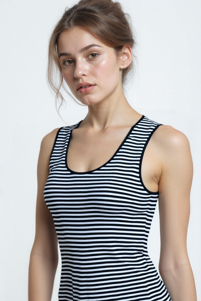 Beyaz Siyah Çizgili Kolsuz Pamuk Karışımlı Midi Boy Kadın Elbise DAPHNE S/L LONG DRESS