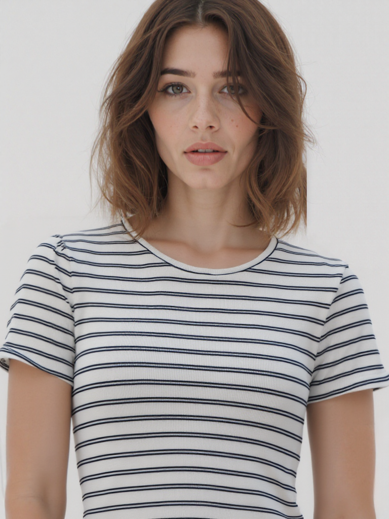 Ekru Mavi Çizgili Bisiklet Yaka Kısa Kollu Kadın Crop T-Shirt SANDY S/S TOP