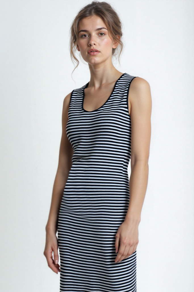 Beyaz Siyah Çizgili Kolsuz Pamuk Karışımlı Midi Boy Kadın Elbise DAPHNE S/L LONG DRESS