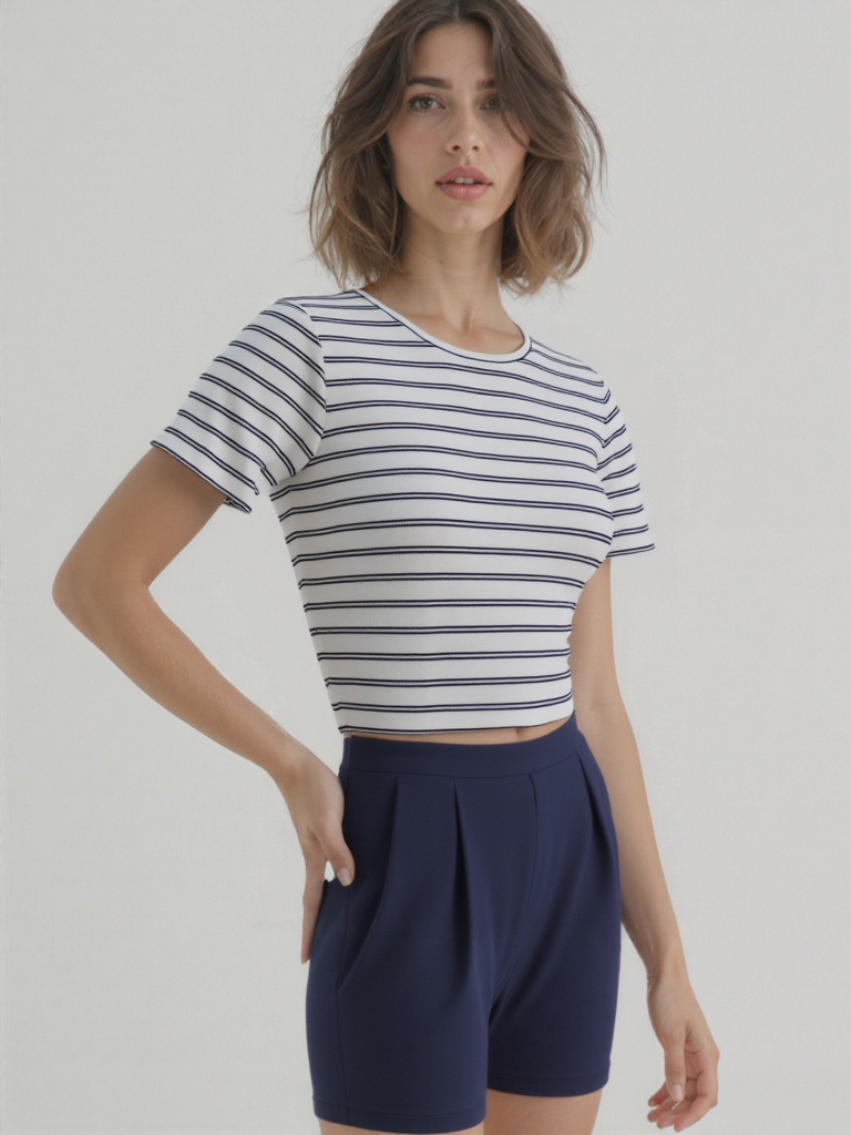 Ekru Mavi Çizgili Bisiklet Yaka Kısa Kollu Kadın Crop T-Shirt SANDY S/S TOP