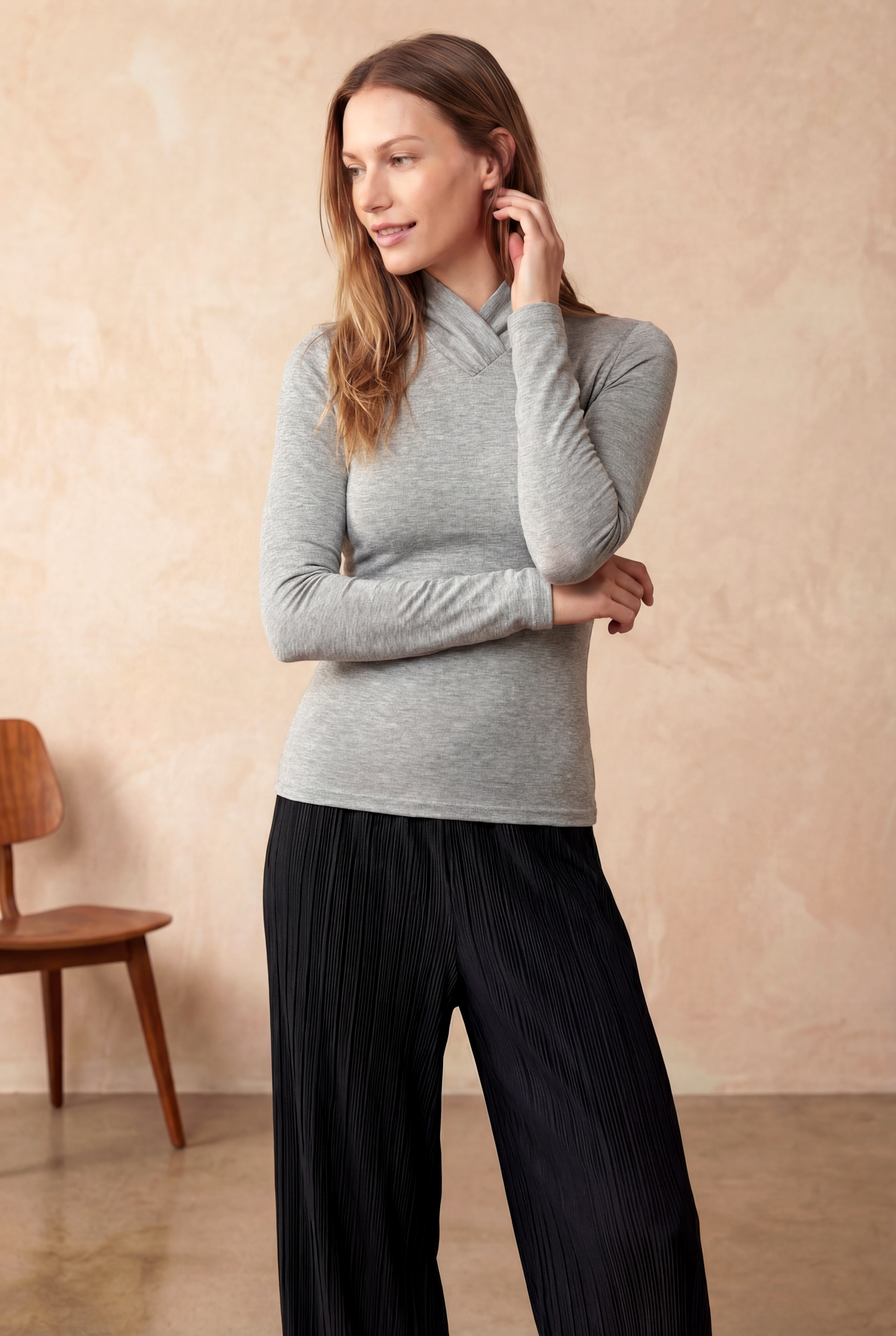 Gri Melanj Çapraz Yaka Uzun Kollu Kadın Bluz CAROLINE - Tops - Westmark London EU(TR) Store Organik Pamuklu Sürdürülebilir Moda