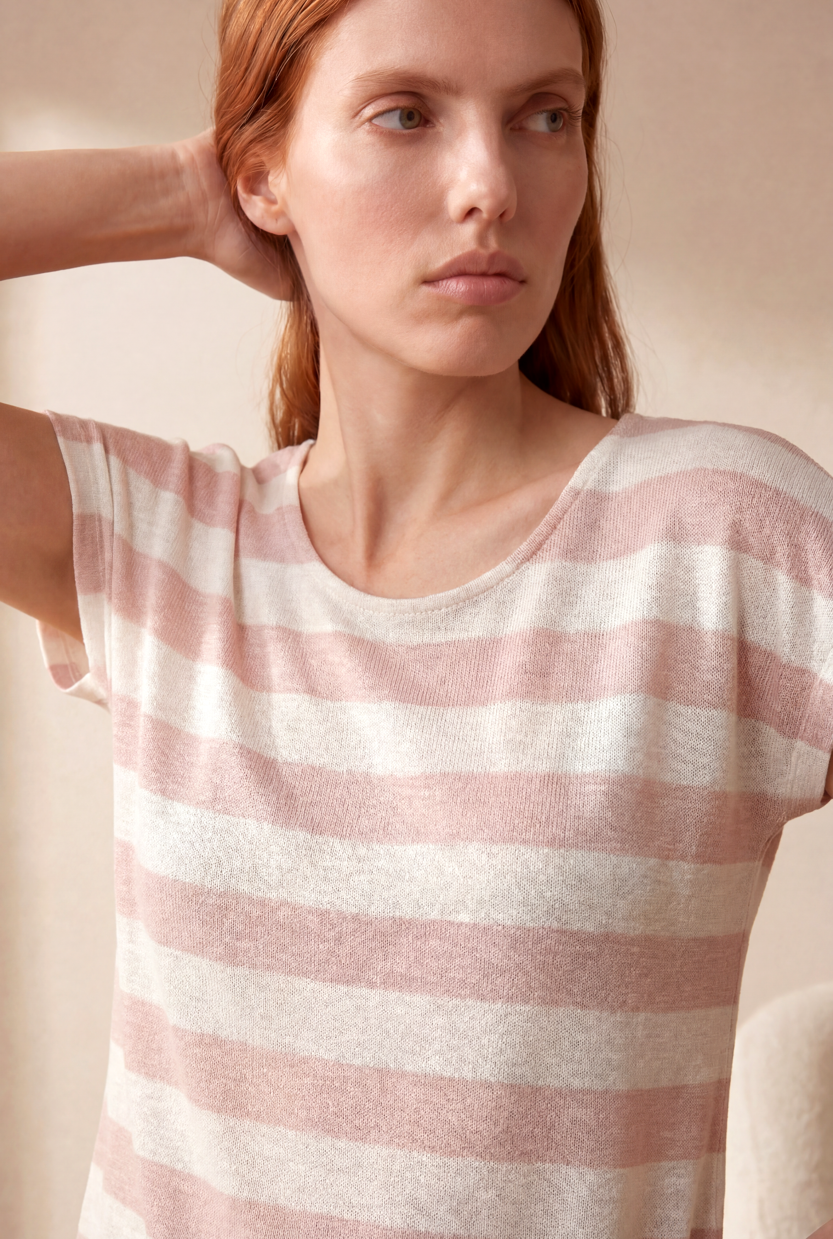 Kadın Regular Fit Bisiklet Yaka Kısa Kol Ekru / Somon Çizgili Viskon / Elastan T-Shirt WILDA - Top - Westmark London EU(TR) Store Organik Pamuklu Sürdürülebilir Moda