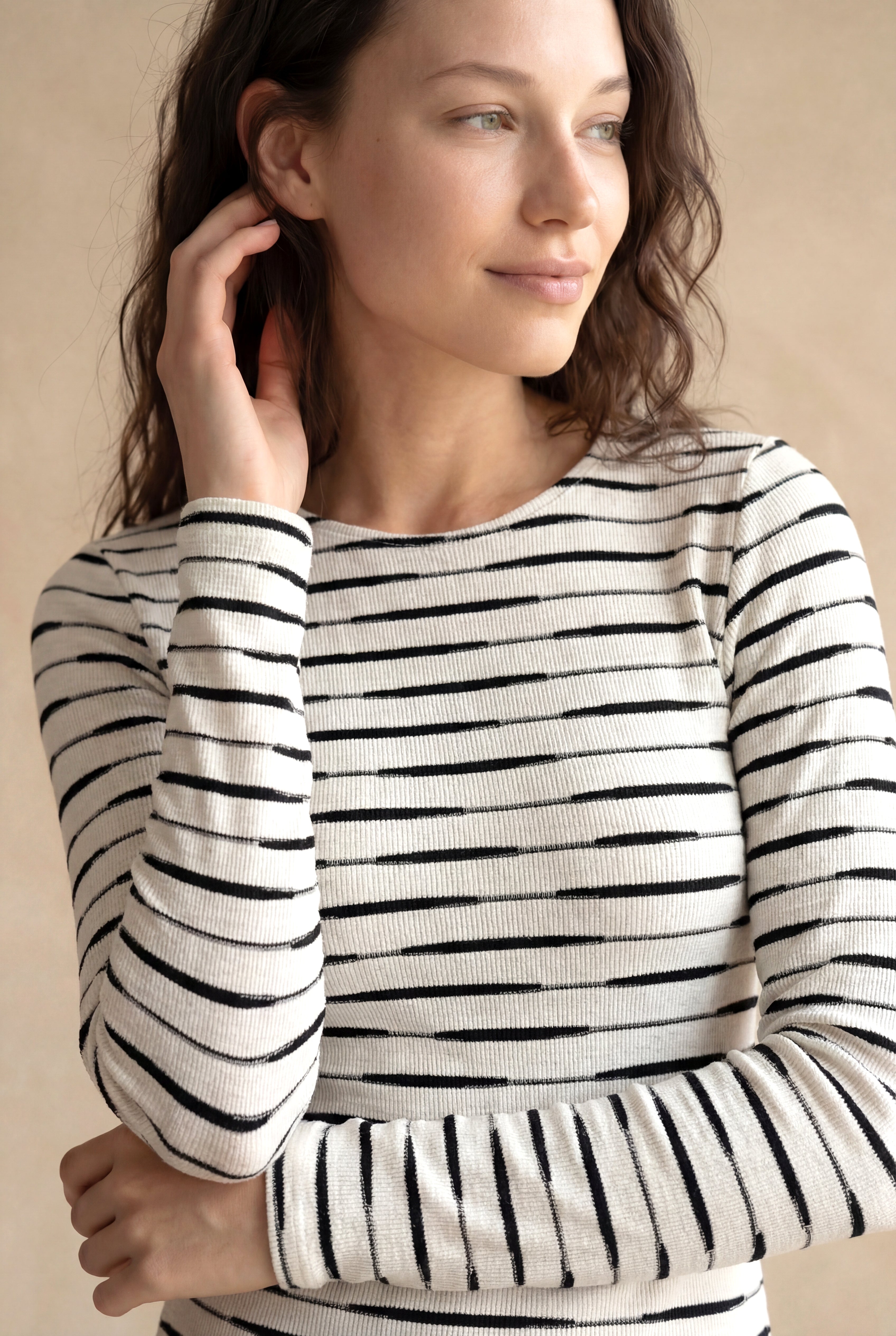 Kadın Regular Fit Bisiklet Yaka Polyester / Viskon / Elastan Uzun Kol Ekru /Siyah Çizgili Bluz ADELE - Top - Westmark London EU(TR) Store Organik Pamuklu Sürdürülebilir Moda
